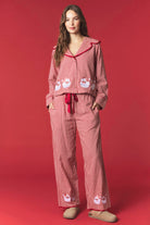 PEACH LOVE Nicholas Gingham Santa embroidered pajama set with 156 pants, featuring festive red and white gingham fabric and holiday embroidery.