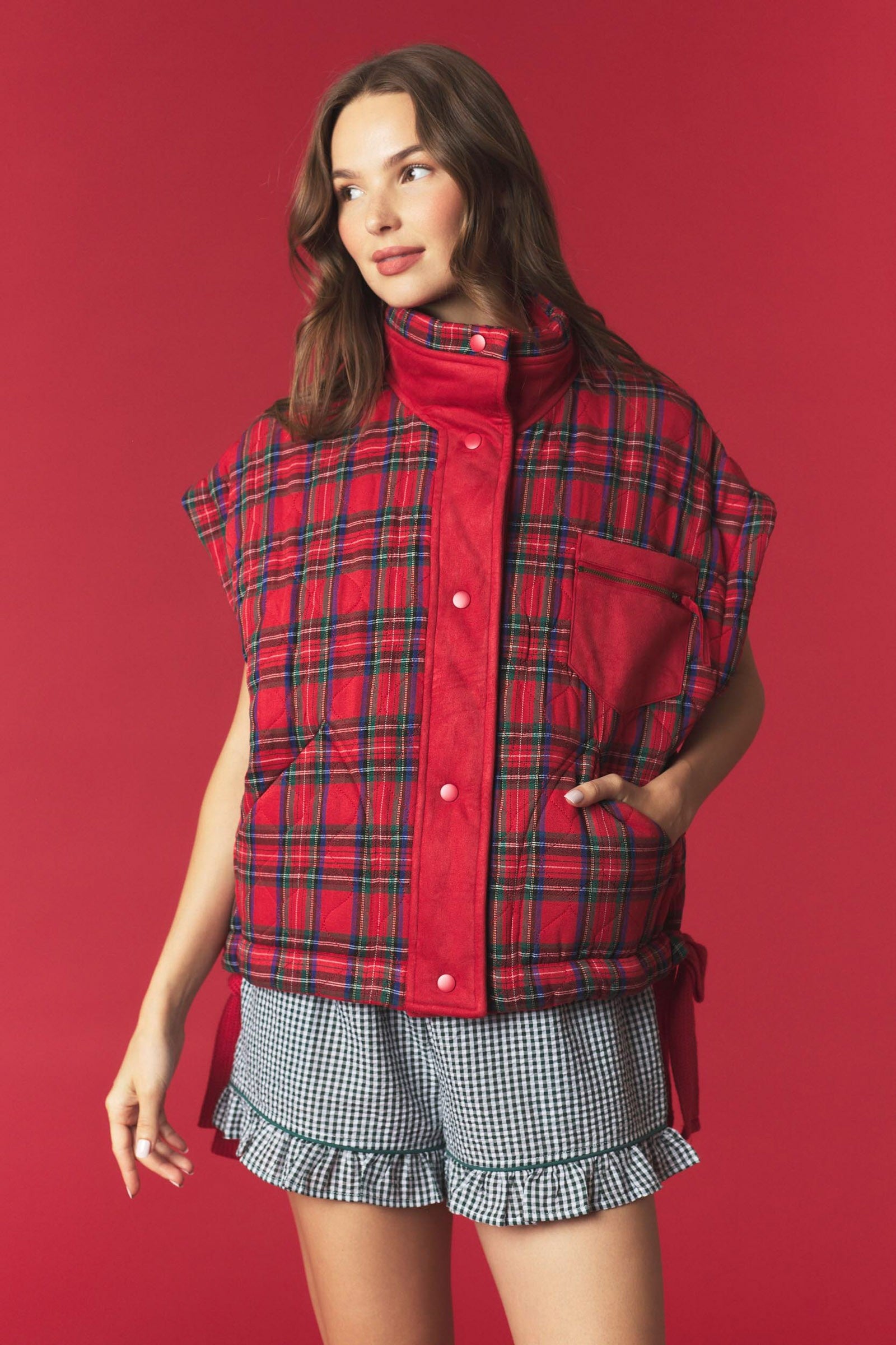 PEACH LOVE Richard quilted plaid holiday vest, 140 outerwear style, featuring festive red and green plaid pattern and quilted fabric.