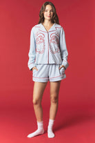 PEACH LOVE Santa embroidered pajama short set with 156 pants, featuring festive holiday design and soft fabric for comfortable wear.
