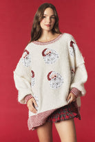 PEACH LOVE Campbell Santa sequins embroidered ribbed fall sweater, red knit design with festive Santa detail