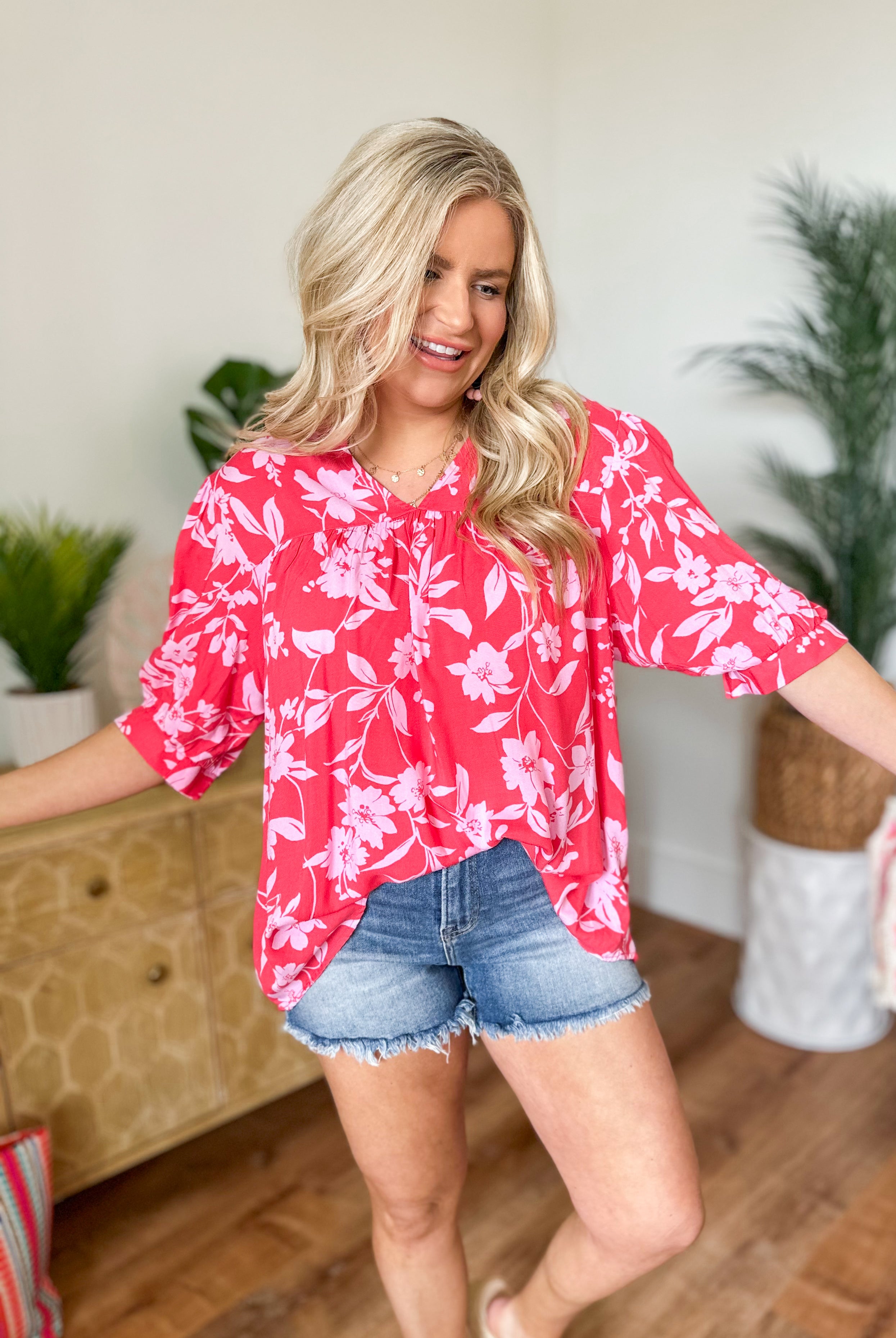 Strawberry Tropical Print Challis Woven Top - Be You Boutique
