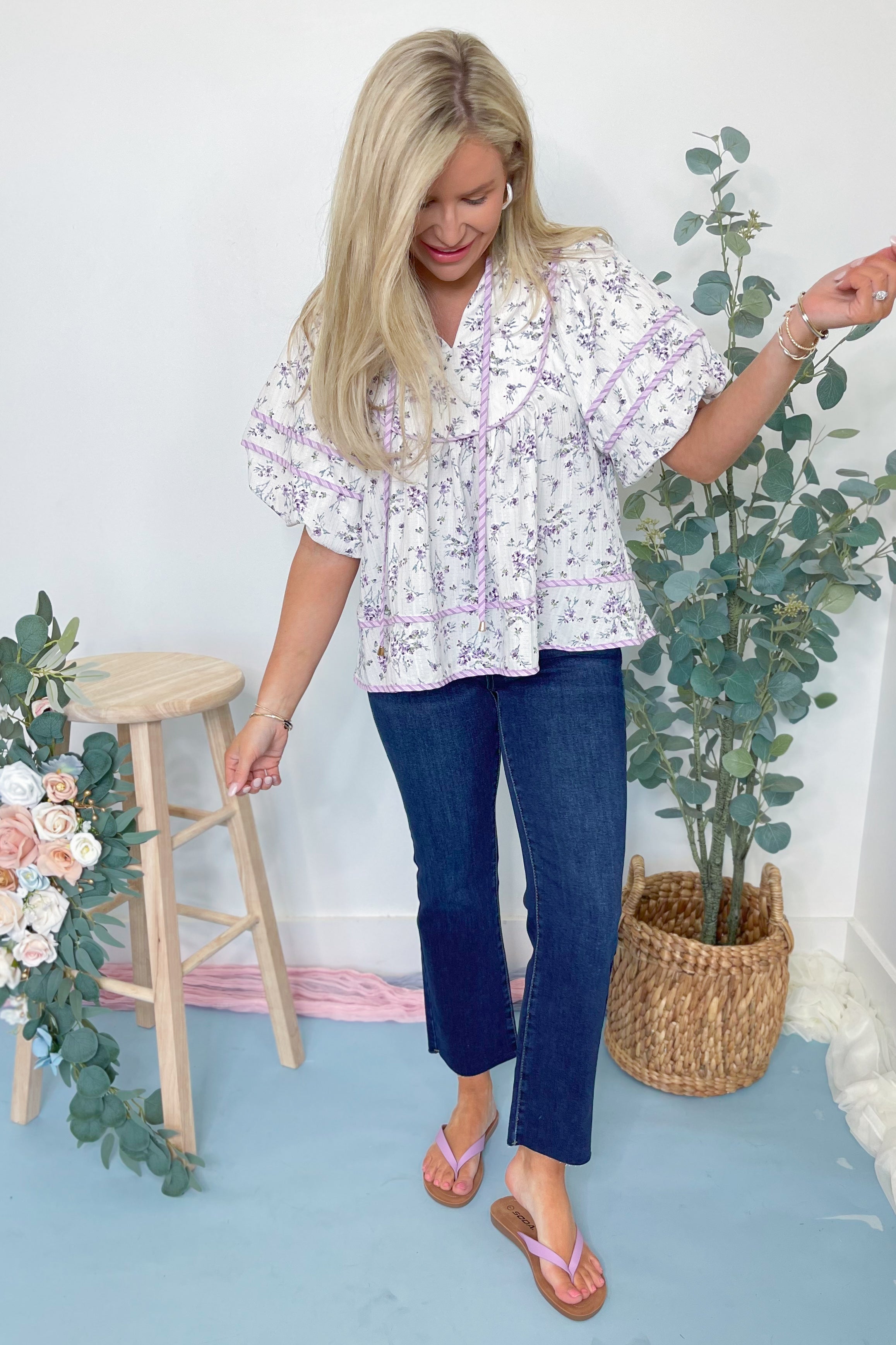 Melissa Floral Solid Trim Top - Be You Boutique