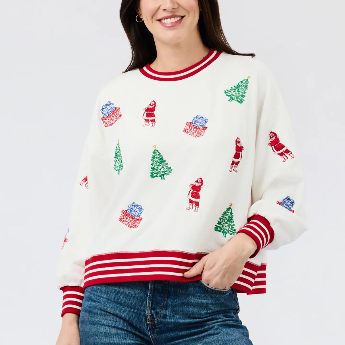 Mary Square Millie Tidings and Toile Graphic Sweatshirt with colorful holiday-themed design and cozy pullover style.