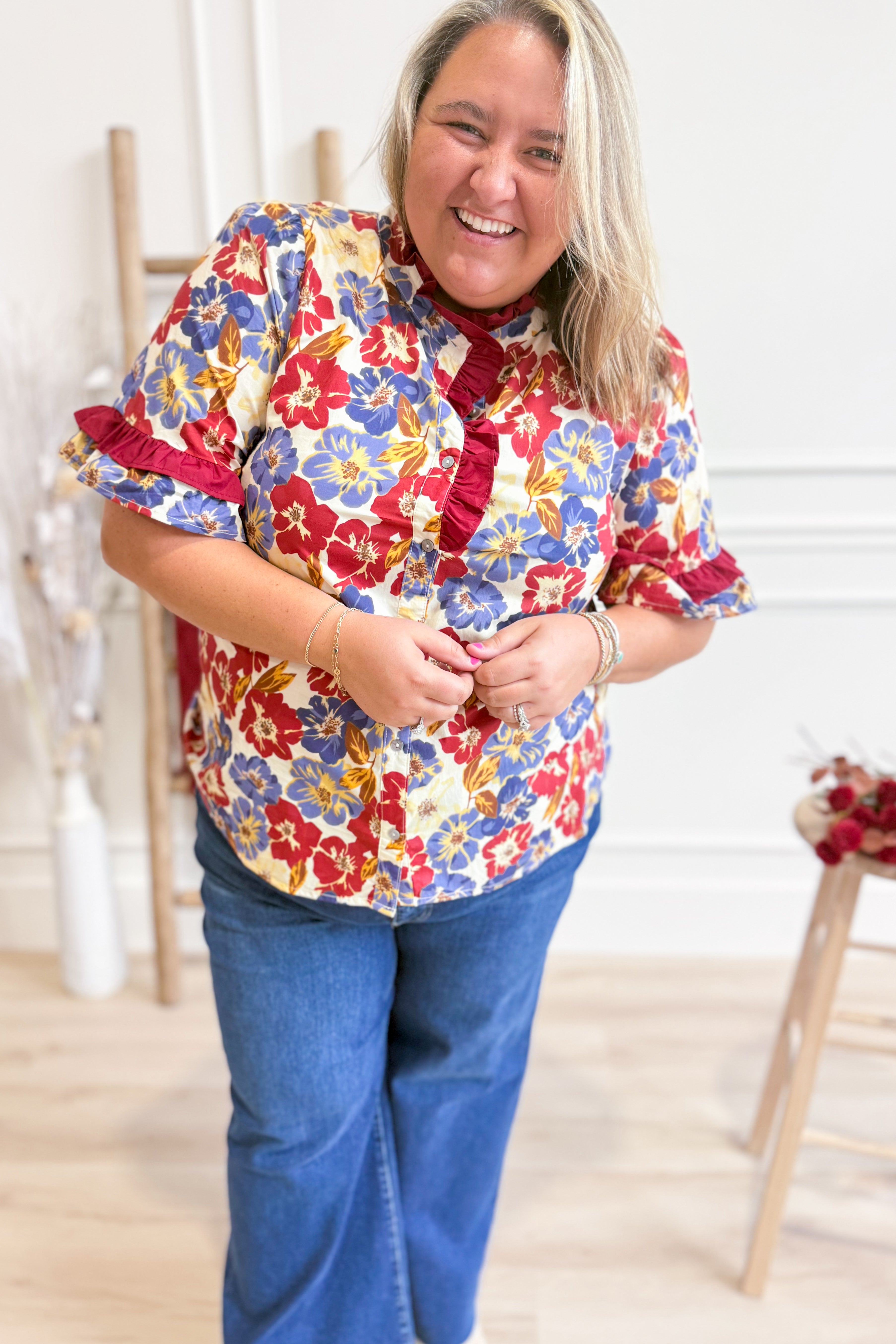 Kennedy Floral Print Ruffle Trim Top - Be You Boutique