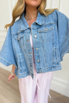 WISHLIST Fred denim cape jacket, 140 outerwear, featuring classic denim fabric and stylish cape design, shown on a model.