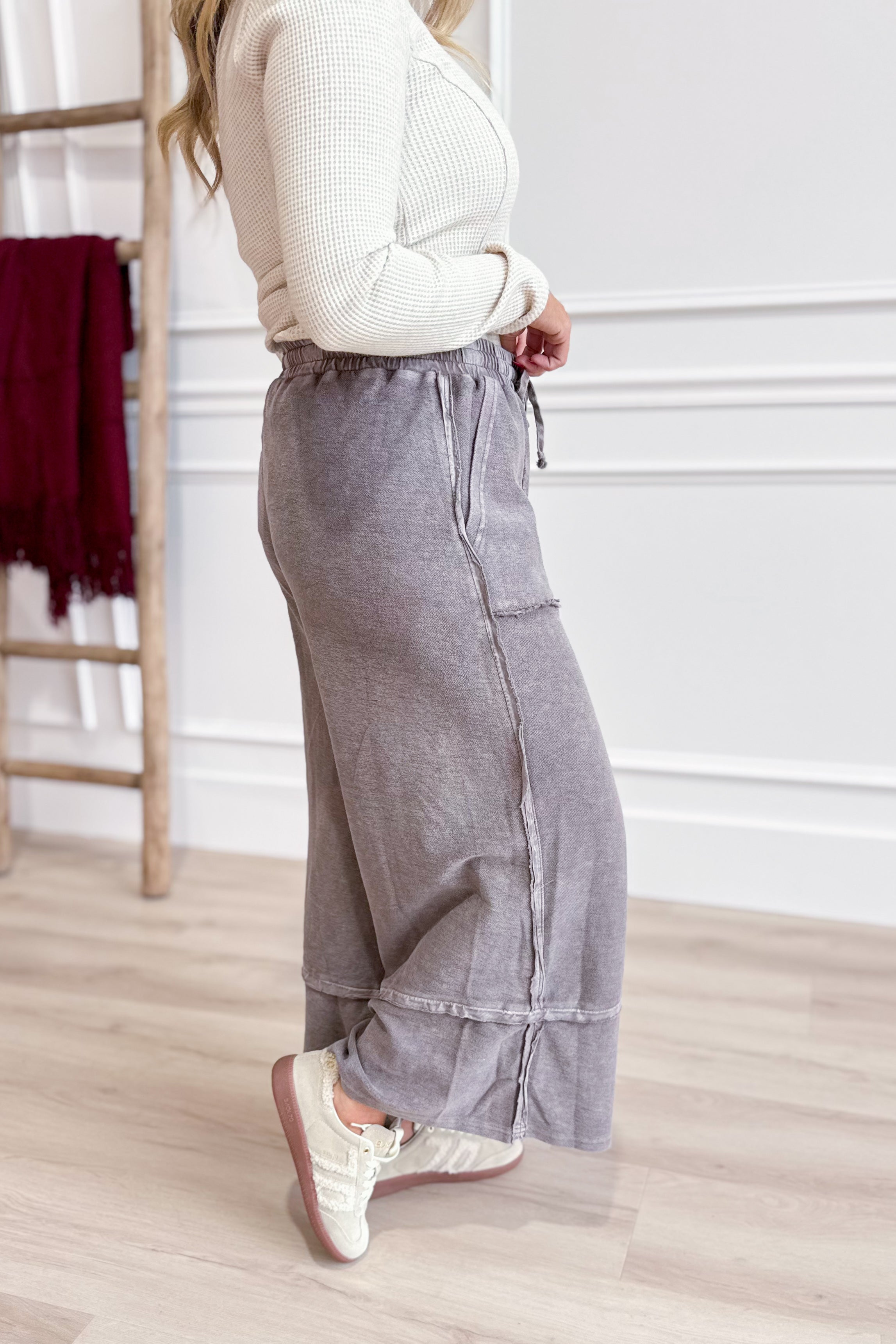 Caris Mineral Washed Upside Down Terry Knit Wide Leg Palazzo Pants - Be You Boutique