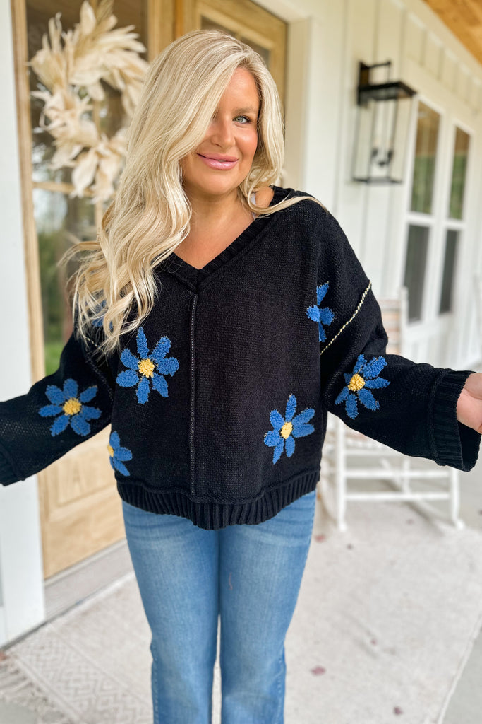 Emmett V Neck Floral Chenille Pullover Sweater - Be You Boutique