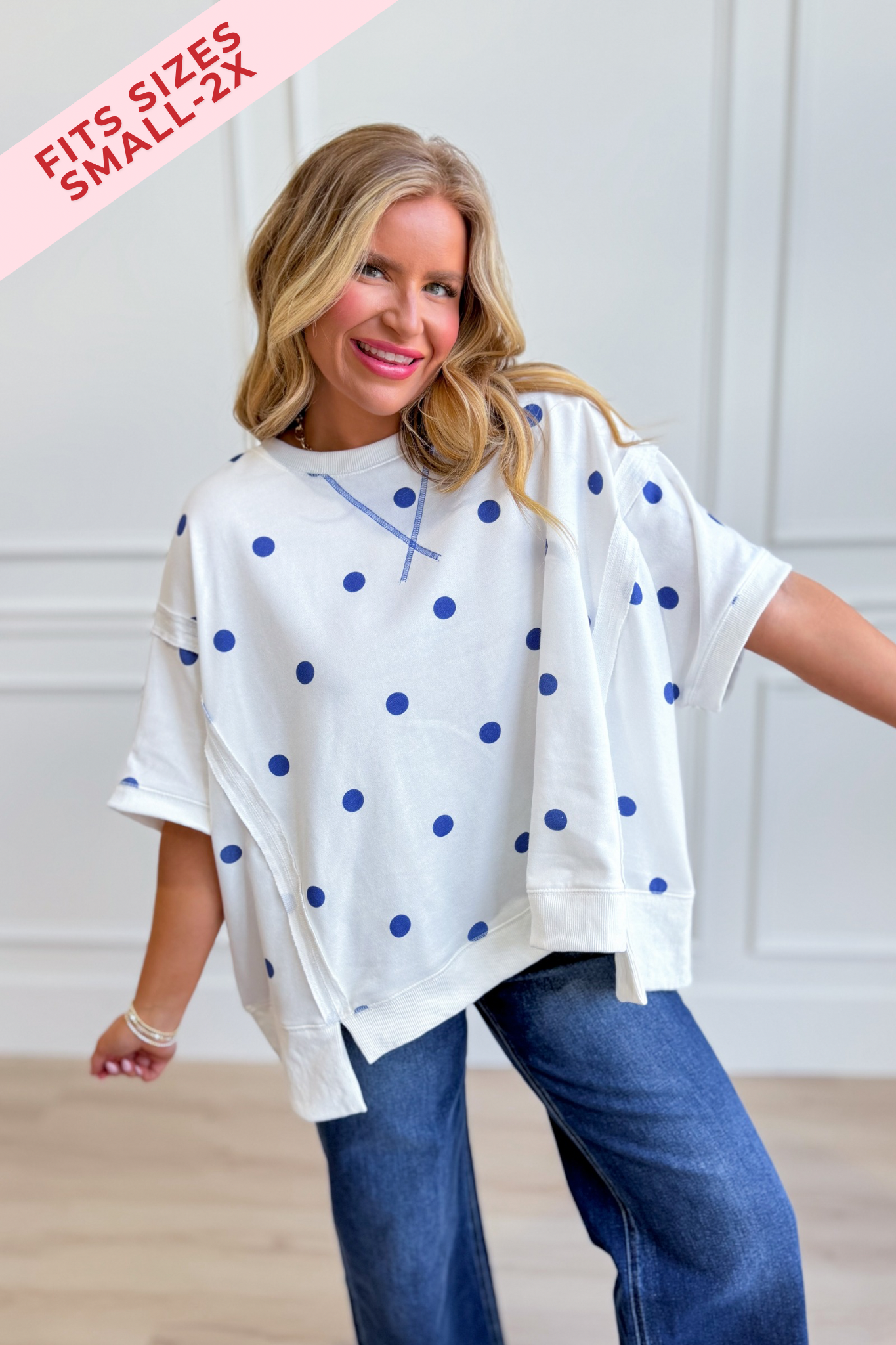 PEACH LOVE Renee Polka Dot Dolman Sleeve Top, casual 105 top with black and white polka dots and relaxed fit.