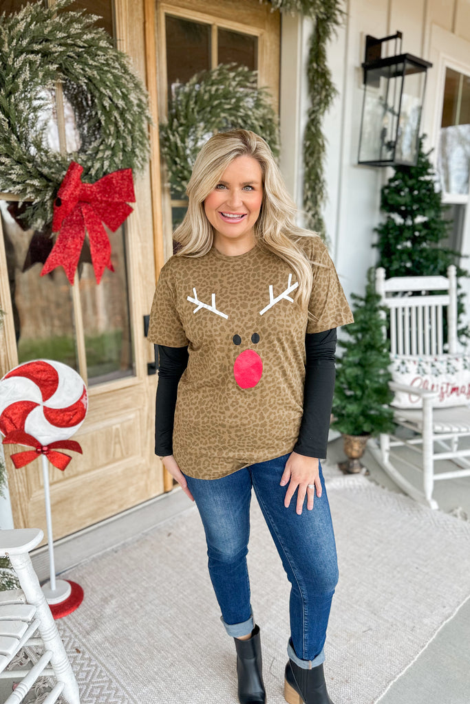 Animal Print Reindeer Glitter Nose Christmas Graphic Tee - Be You Boutique