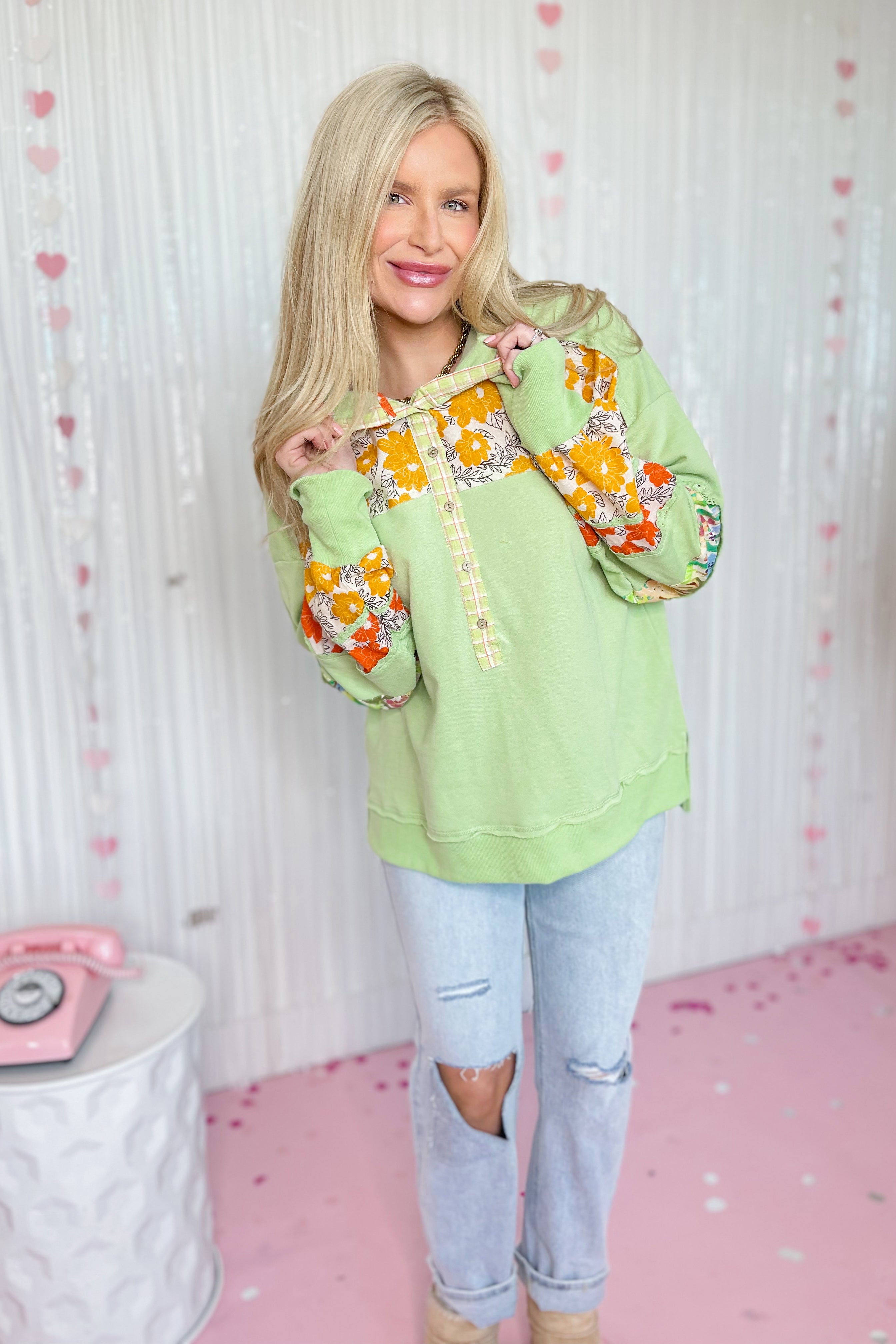 Sonny Mix Print Button Front Hoodie Pullover Top - Be You Boutique