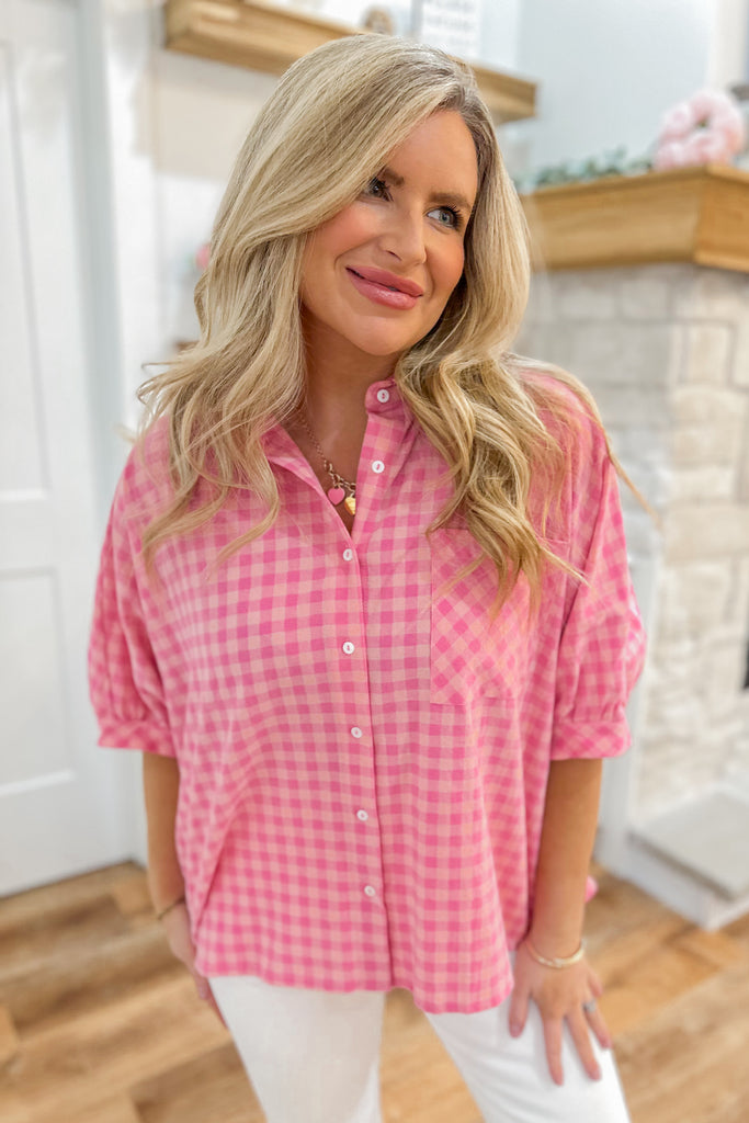 Sarah Plaid Collared Button Up Half Sleeve High Low Hem Top - Be You Boutique