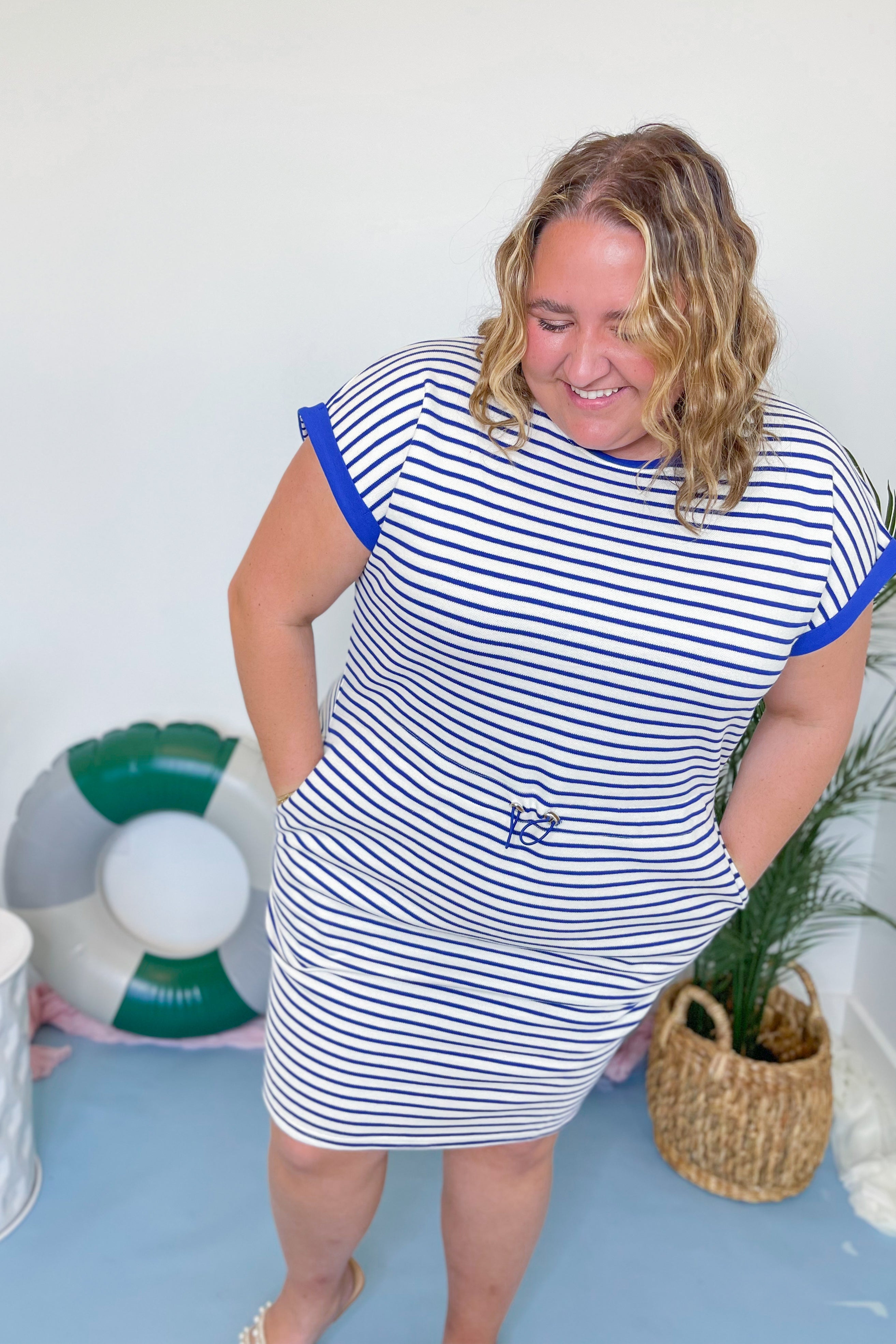 Lana Striped Contrast Trim Cinched Waist Dress - Be You Boutique