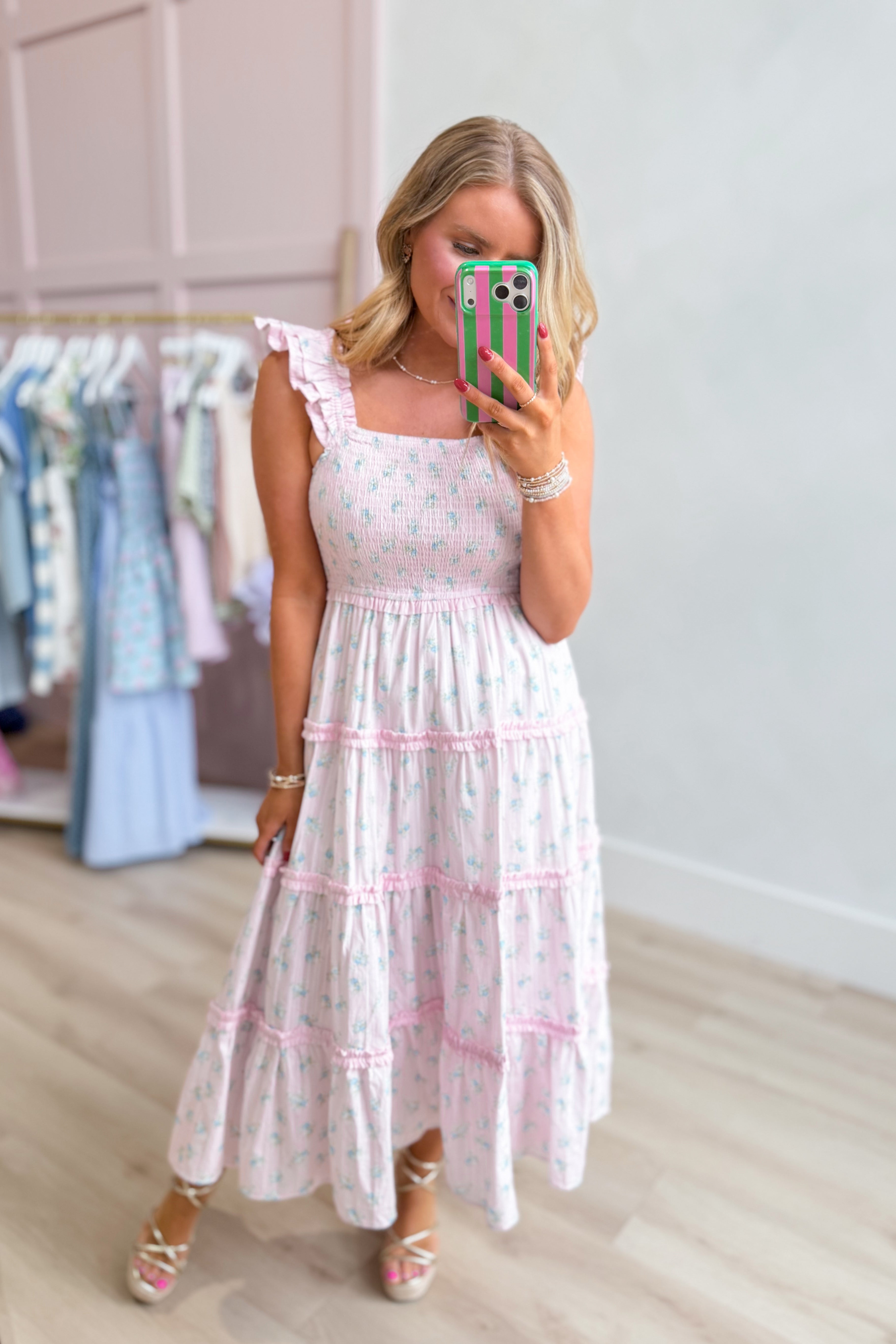 Mia Ditsy Floral Smocked Midi Dress by PEACH LOVE featuring a floral pattern, smocked bodice, and flowy midi length.