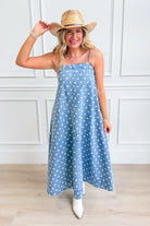 Aureum Mia polka dot denim dress with a fitted silhouette, short sleeves, and a classic round neckline, perfect for casual wear.