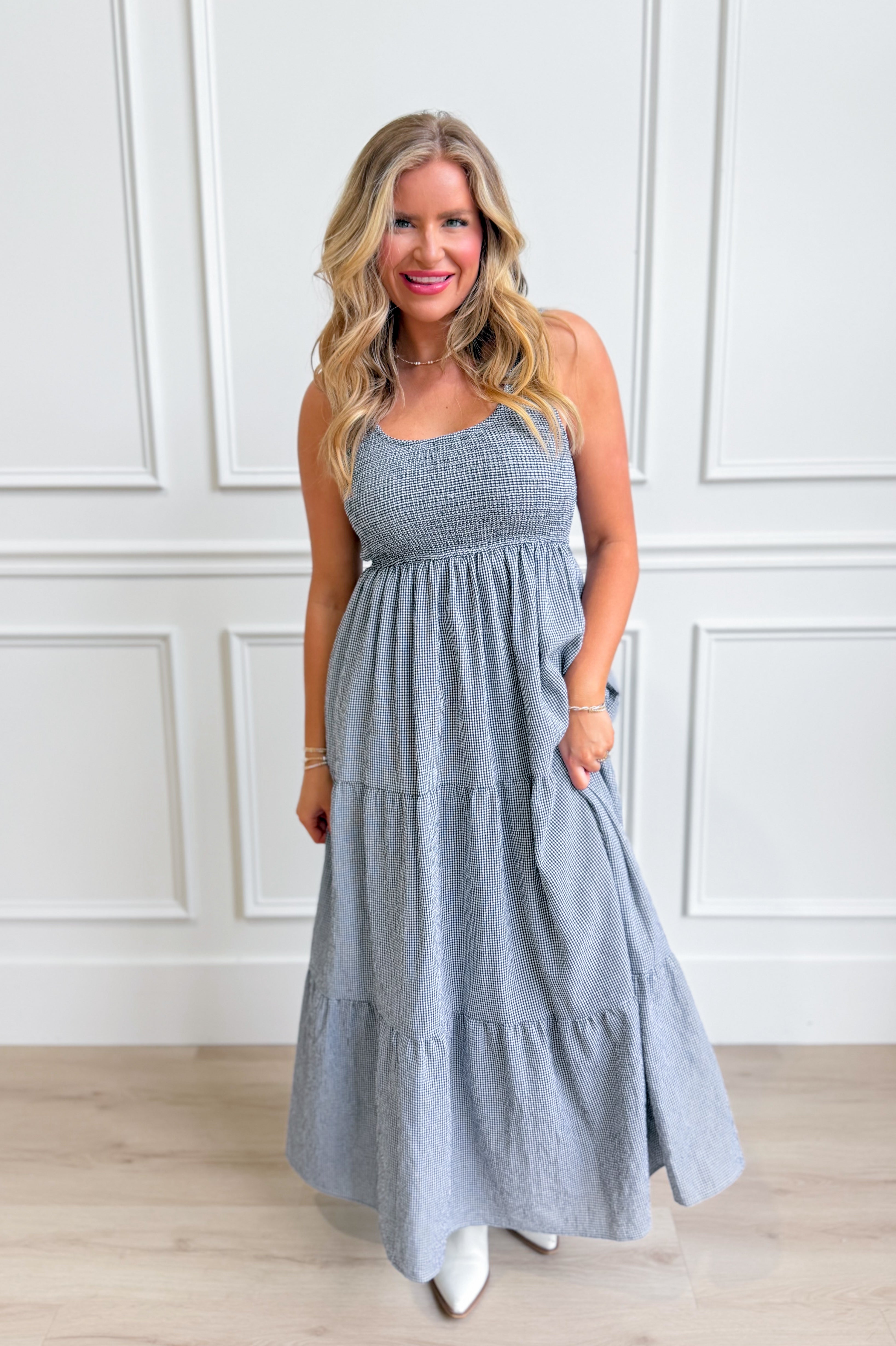 Baevely Painter Gingham Midi Dress with a stylish dressy design, featuring a classic gingham pattern and a midi length.