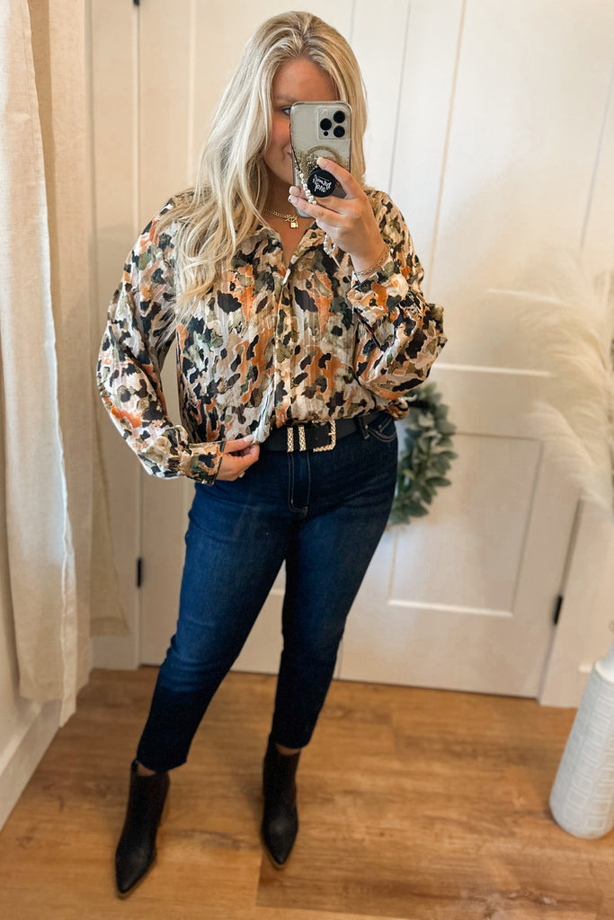 Bentley Water Color Printed Button Down Blouse Top - Be You Boutique