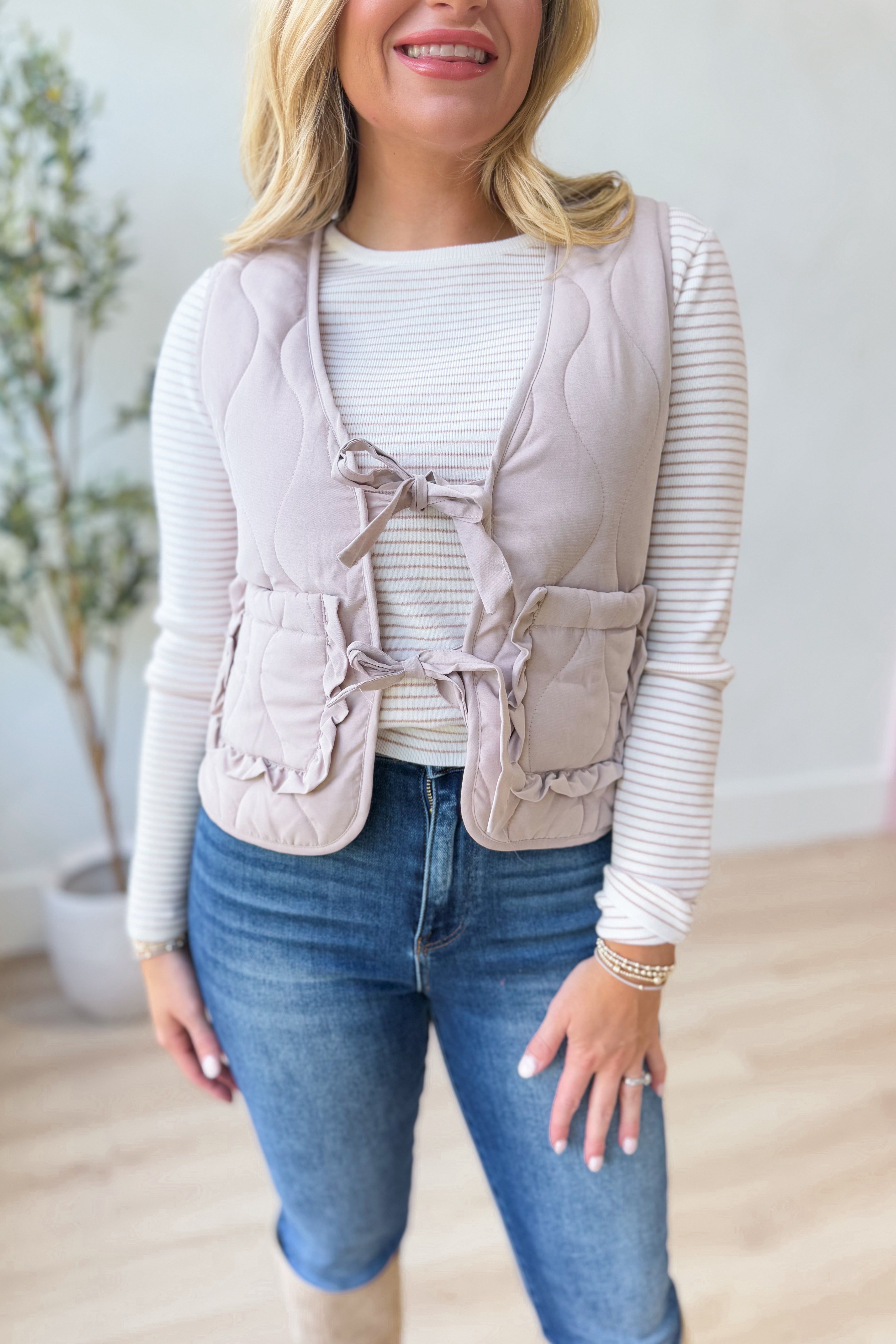 Susan Quilted Tie Front Vest - Be You Boutique