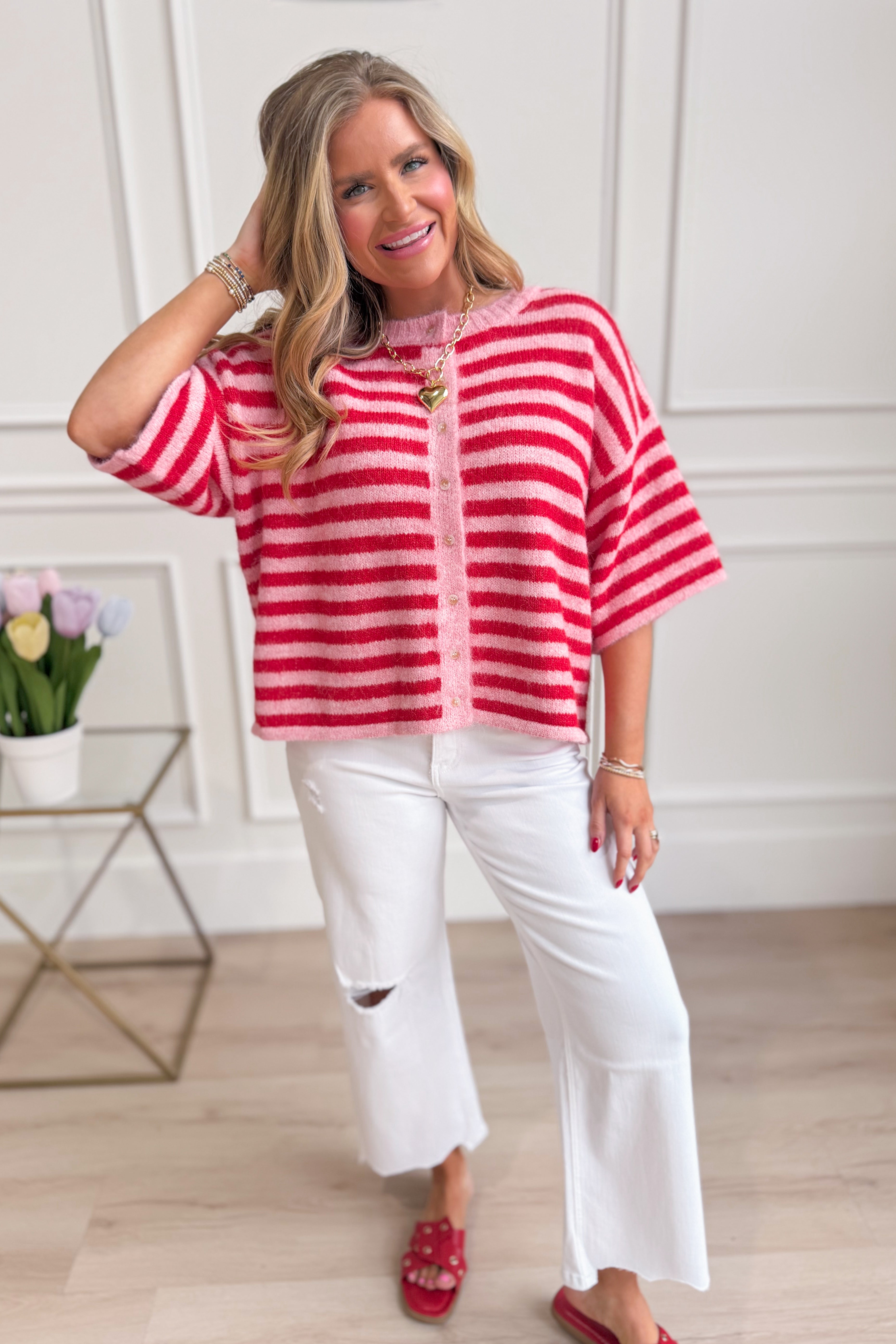 Pink striped Lauren BAEVELY button-down cardigan top from the 131 Spring Sweaters collection, featuring a classic knit design.