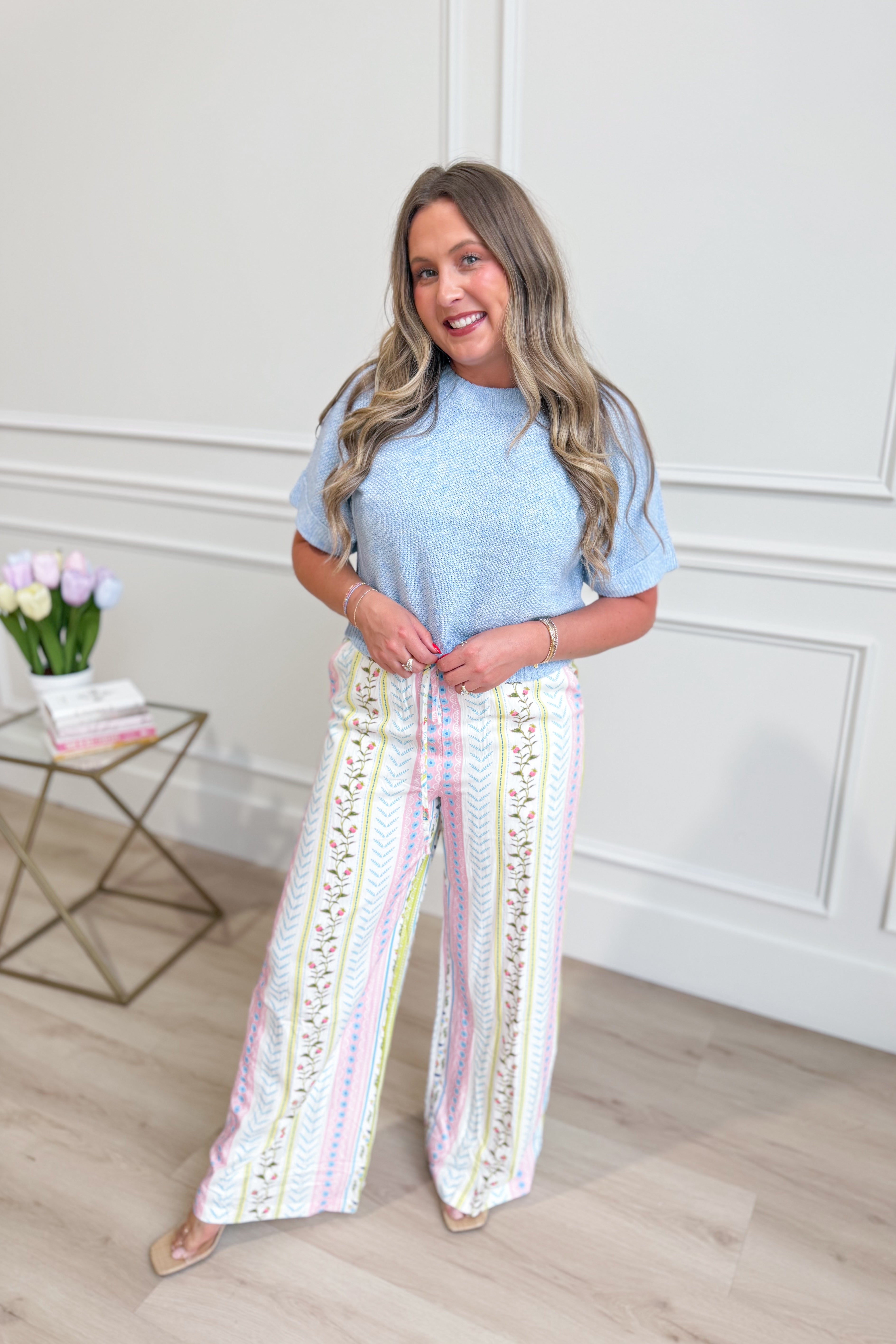 TCEC Hannah Multi Printed Straight Leg Pant, 156 pants with colorful geometric print and relaxed fit, shown on a model.