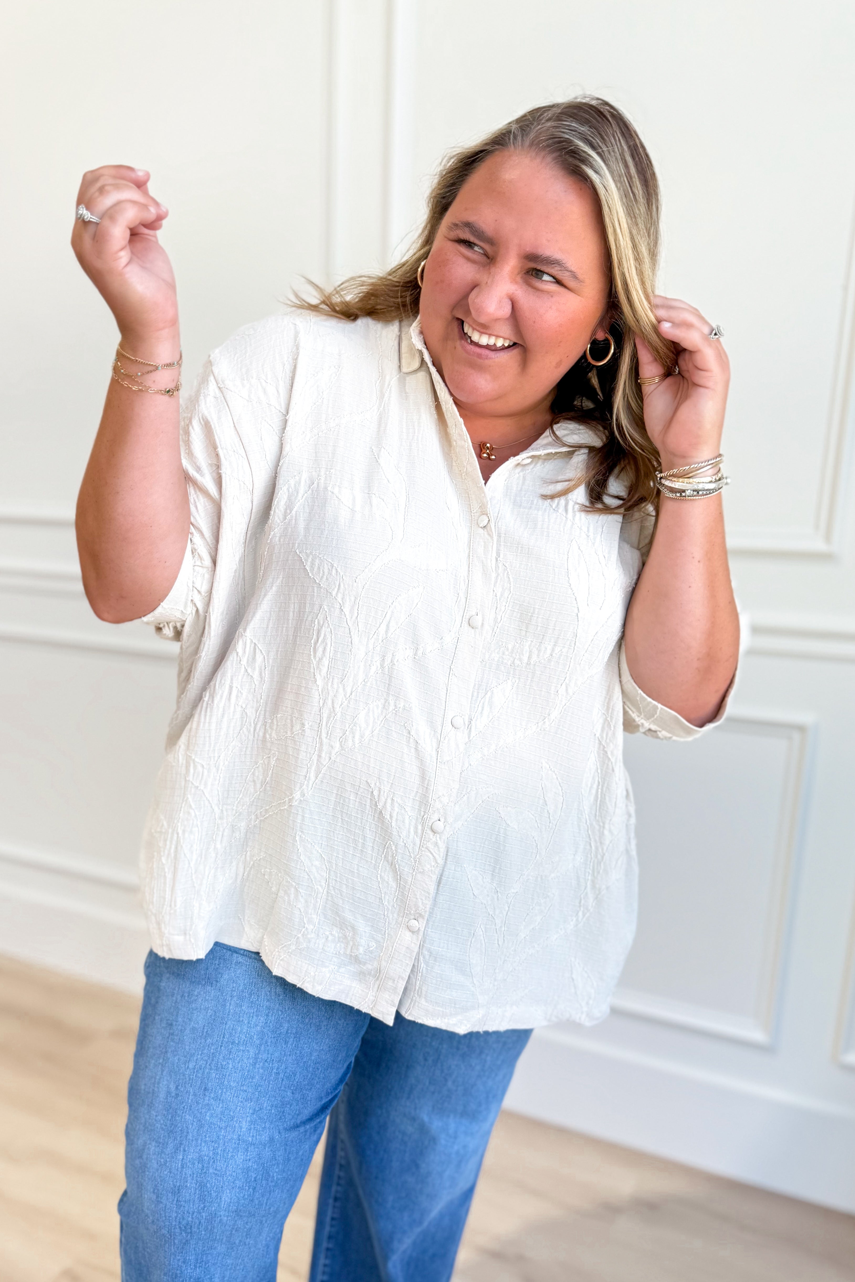 Mannie Jacquard Textured Leaf Print Blouse - Be You Boutique
