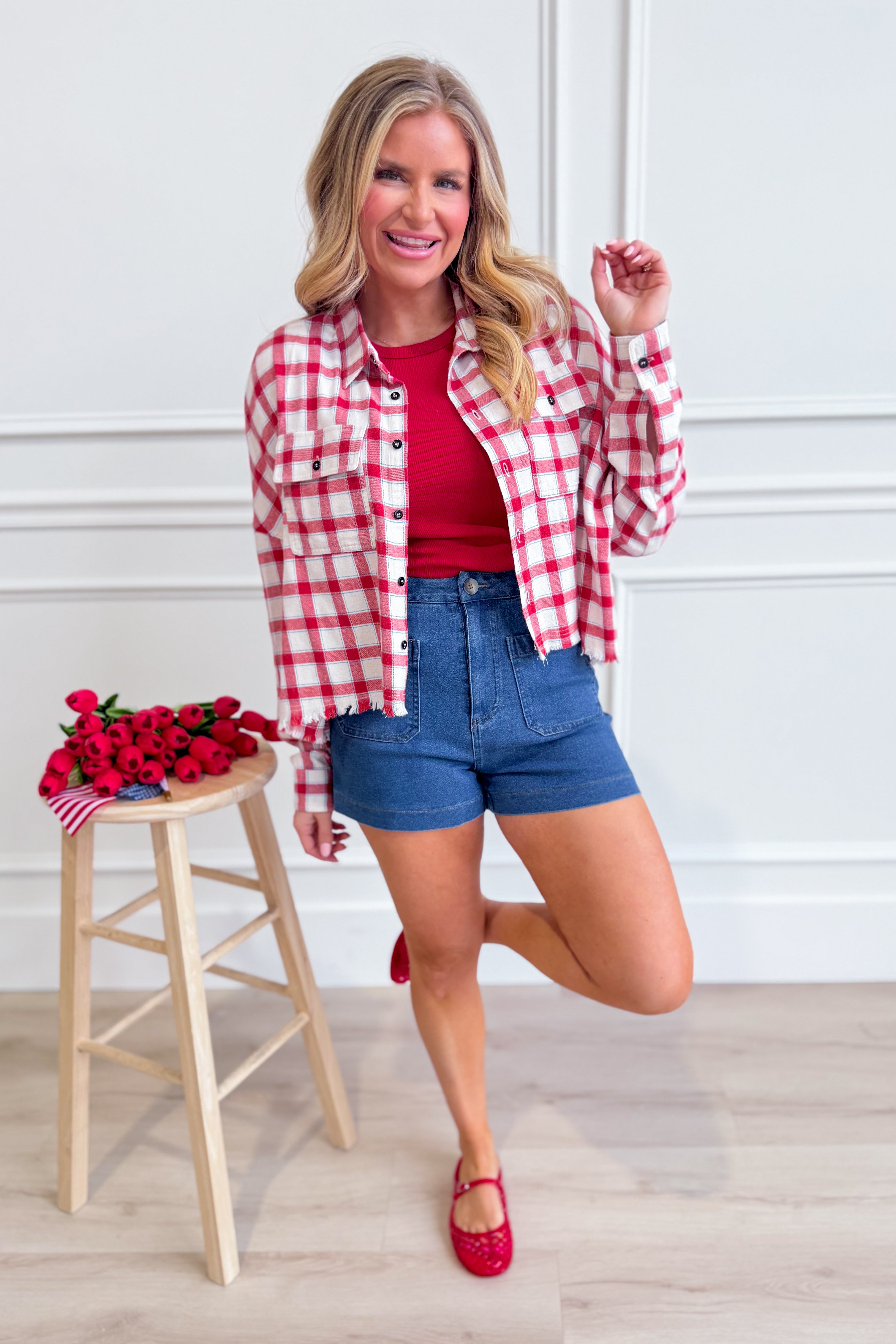 Robin plaid button-down casual top with frayed edges from BUCKET LIST, featuring a relaxed fit and classic plaid pattern.