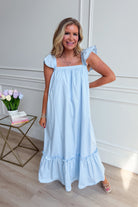 Folly Baby Blue Flutter Sleeve Midi Dress by TCEC featuring a relaxed fit and soft fabric, perfect for casual summer wear.