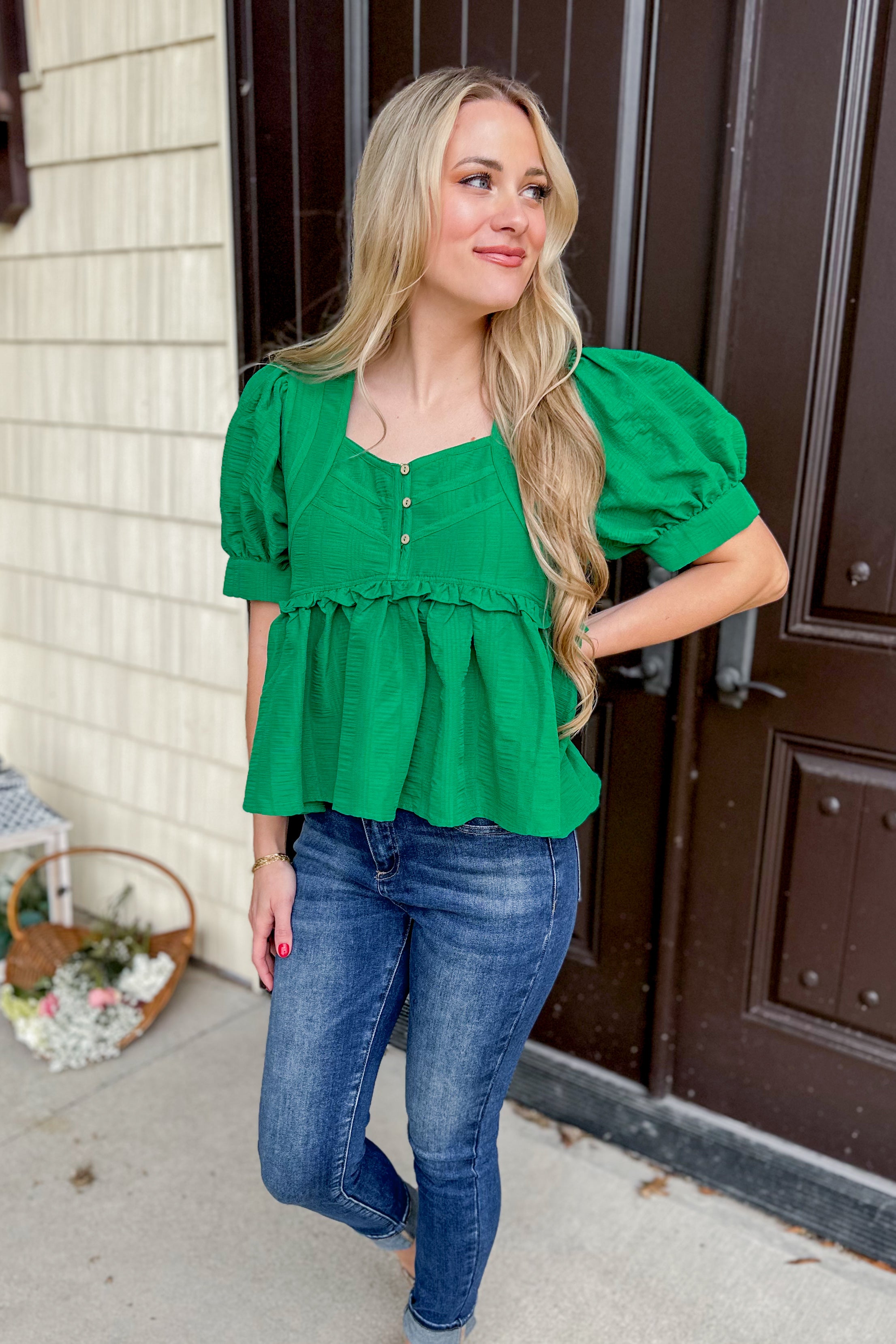 Verde Puff Sleeve Ruffle Detail Top - Be You Boutique