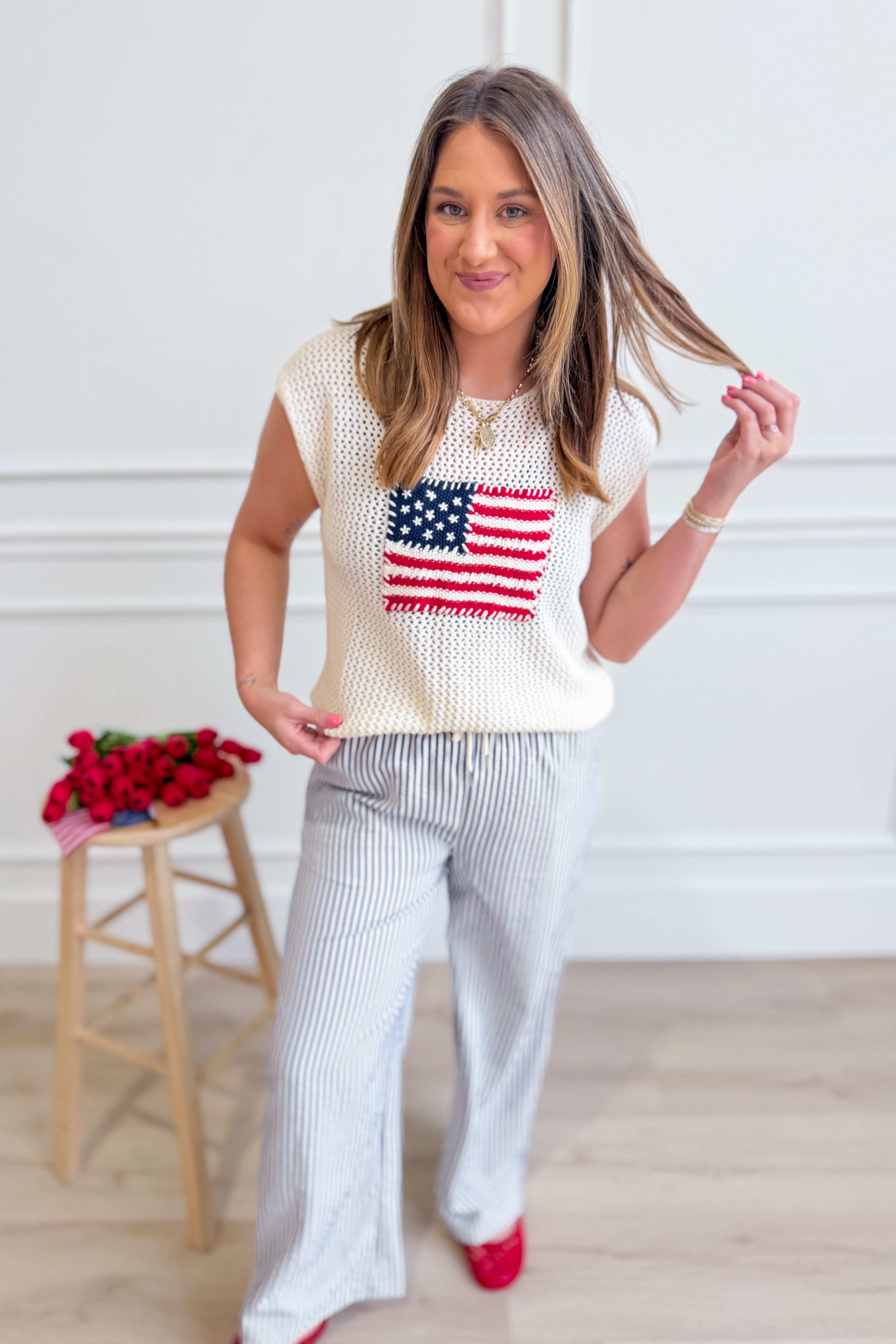 George USA flag sweater top from EE:SOME, featuring a spring sweater design with a patriotic USA flag pattern.
