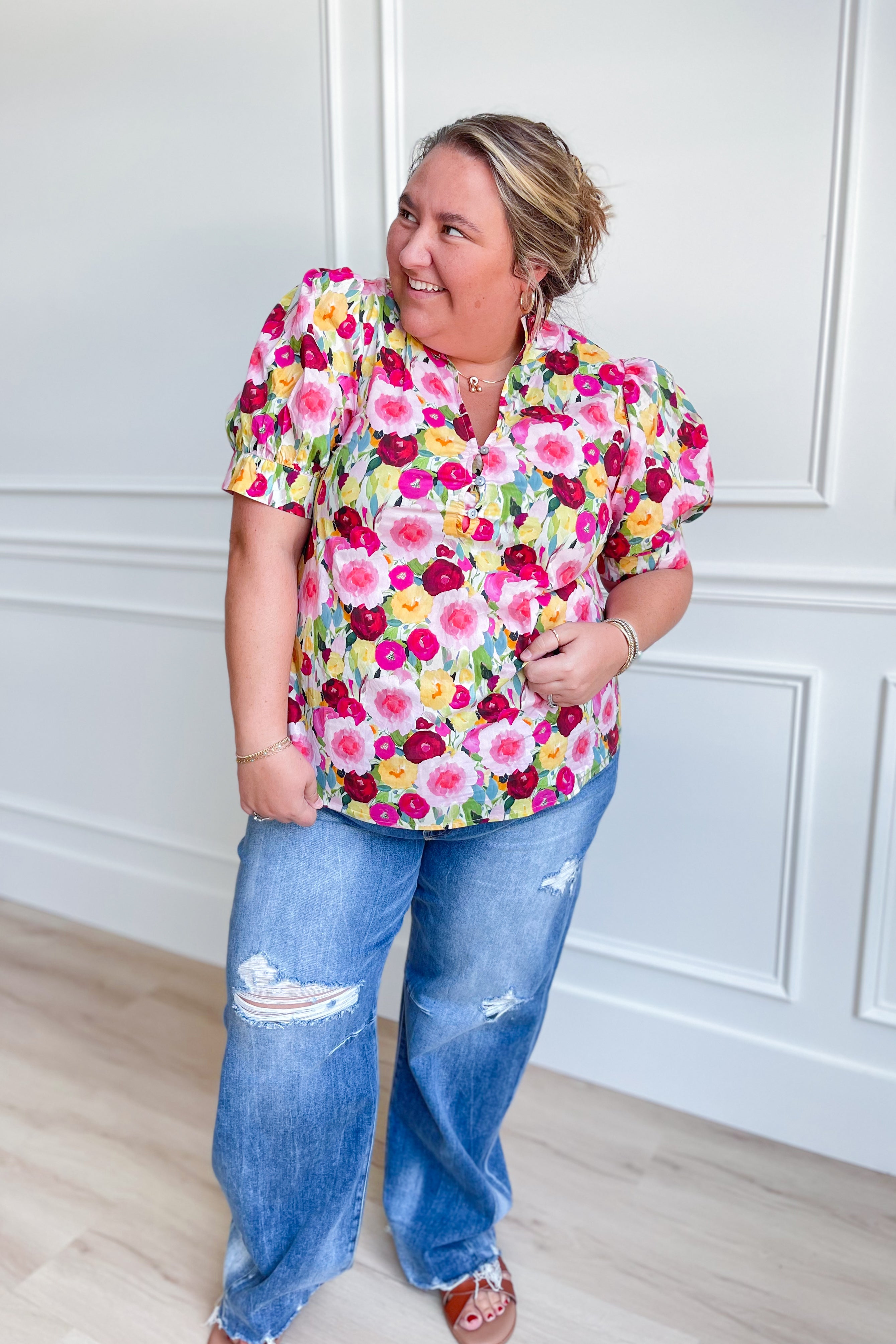 売れ筋商品|||ルビーロード カットソー トップス レディース Plus Size Floral Pop Knit Top Azalea Multi Women's Plus Size Floral Print Puff Elbow Sleeve Top | Rafaella