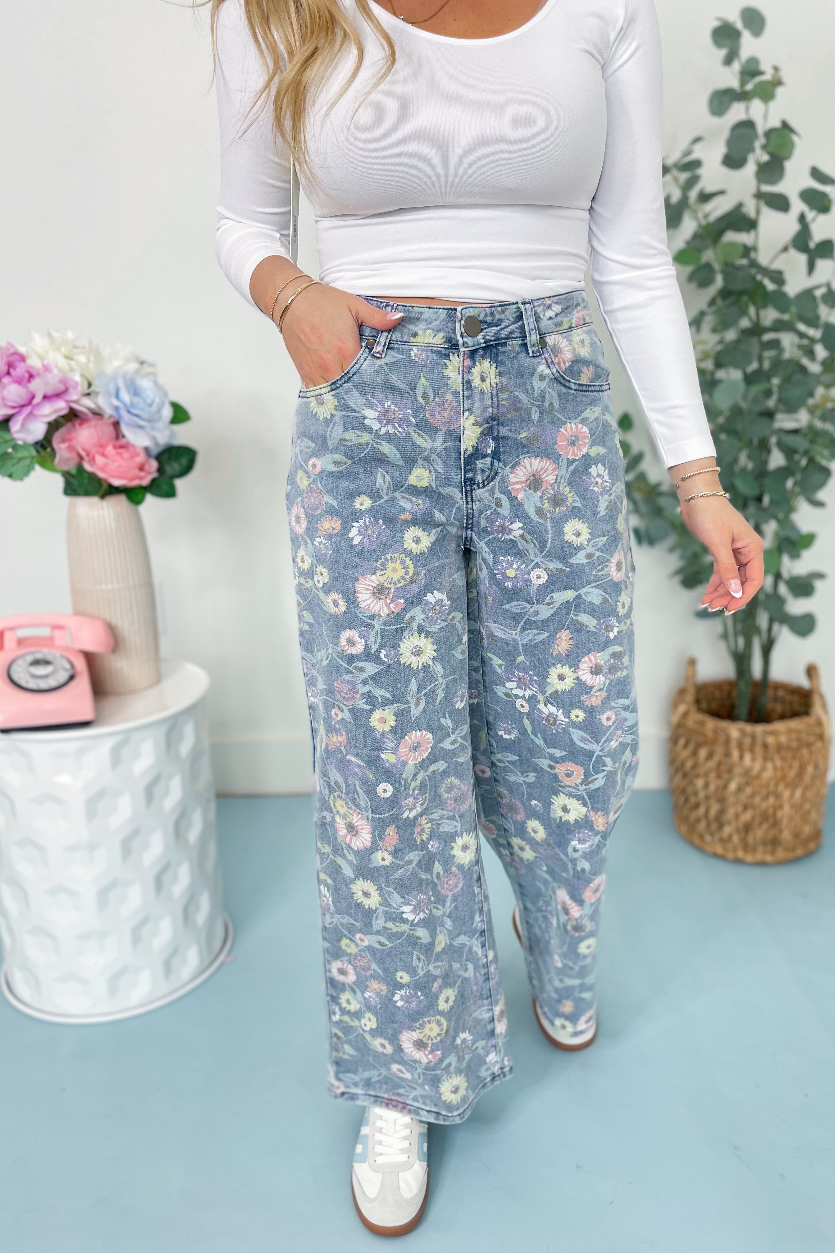 Aly Floral Washed Denim Twill Pant - Be You Boutique
