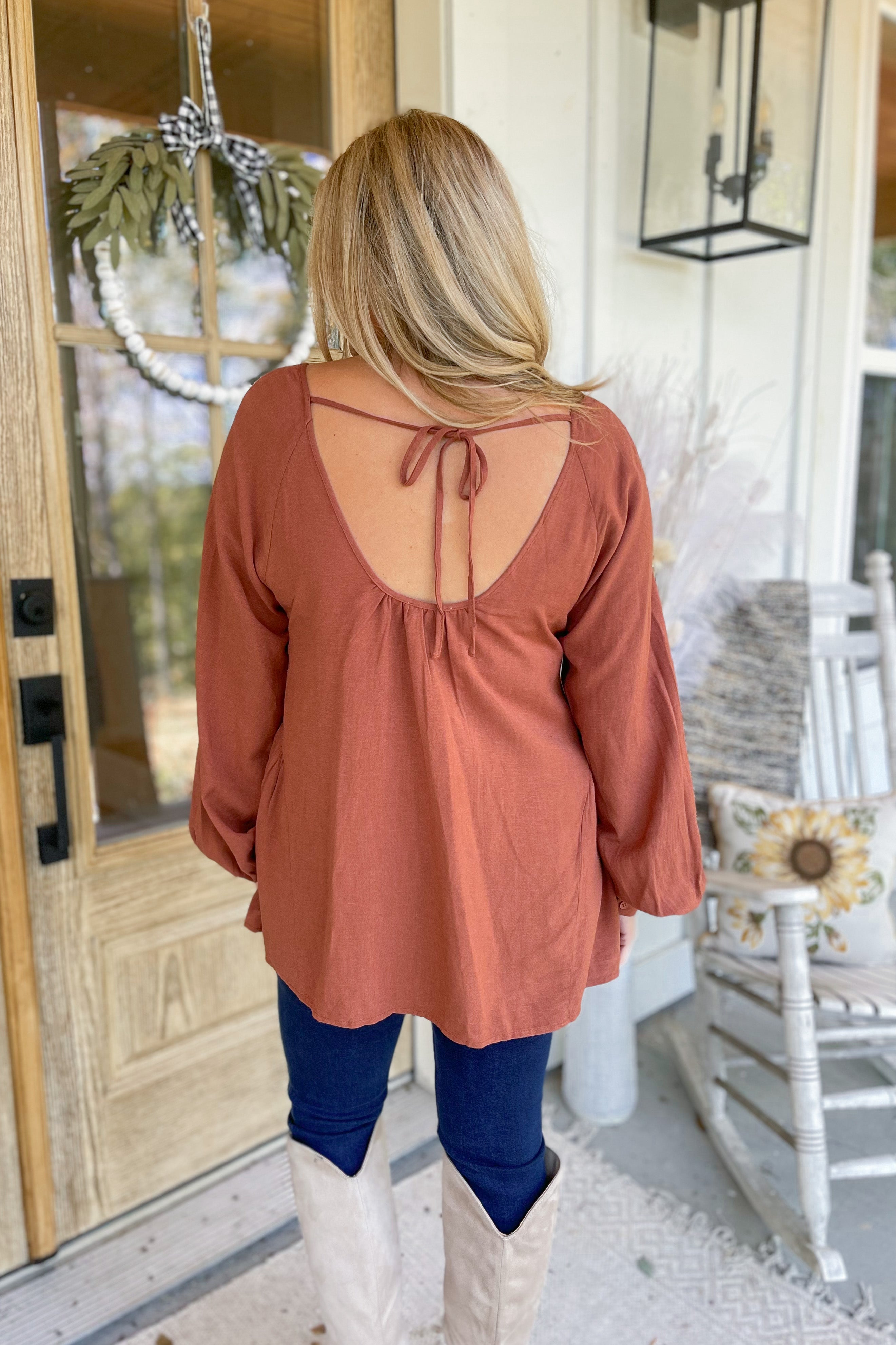 Mary Round Neck Back Tie Flare Balloon Sleeve Blouse [S-3X] - Be You Boutique