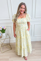 IN LOOM Bloom Floral Square Neck Maxi Dress with a vibrant floral pattern, perfect for dressy occasions.