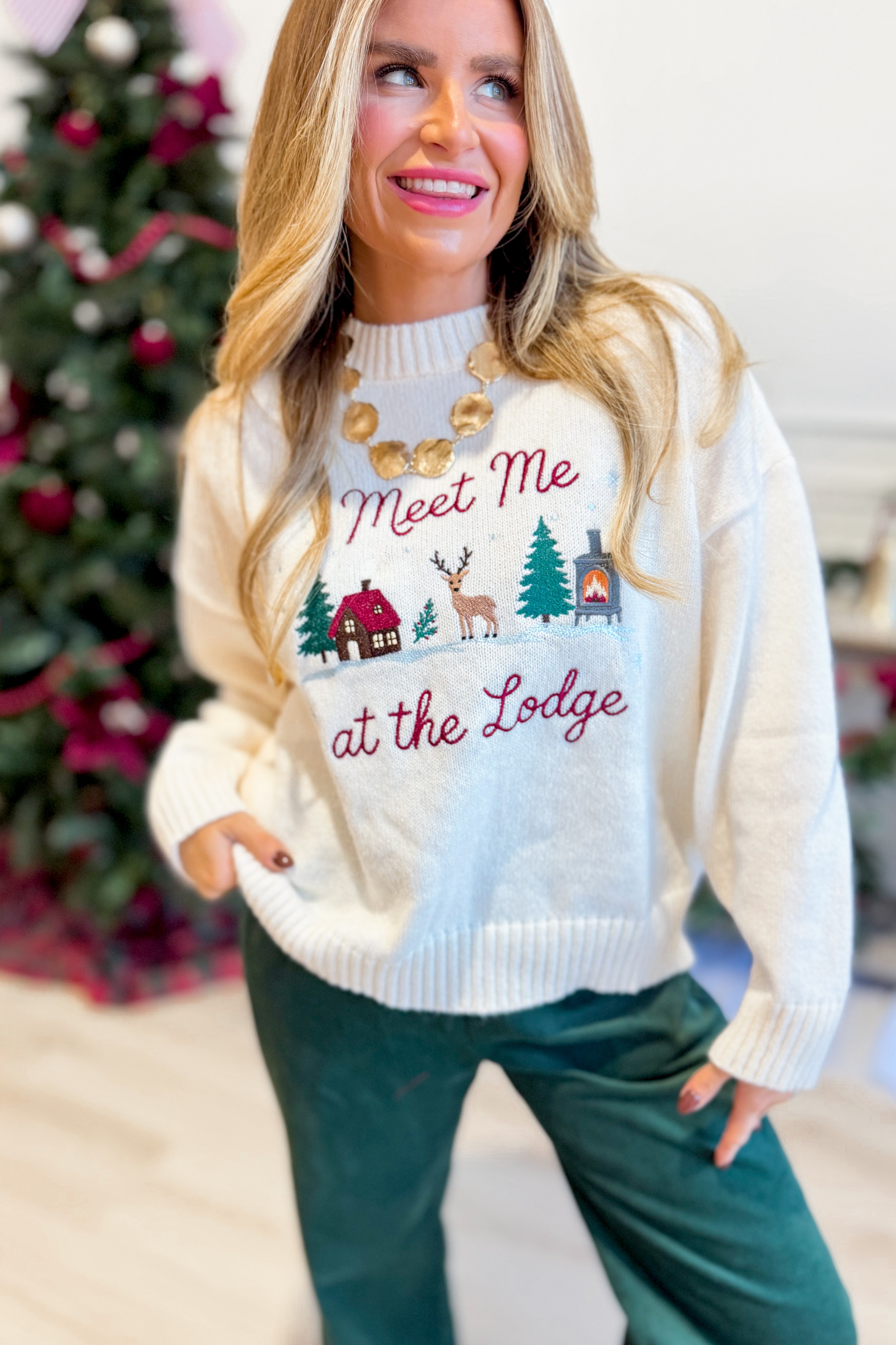 LE LIS Brynn Meet Me At The Lodge fall sweater, cozy knit with earthy tones, featuring a relaxed fit and stylish design.