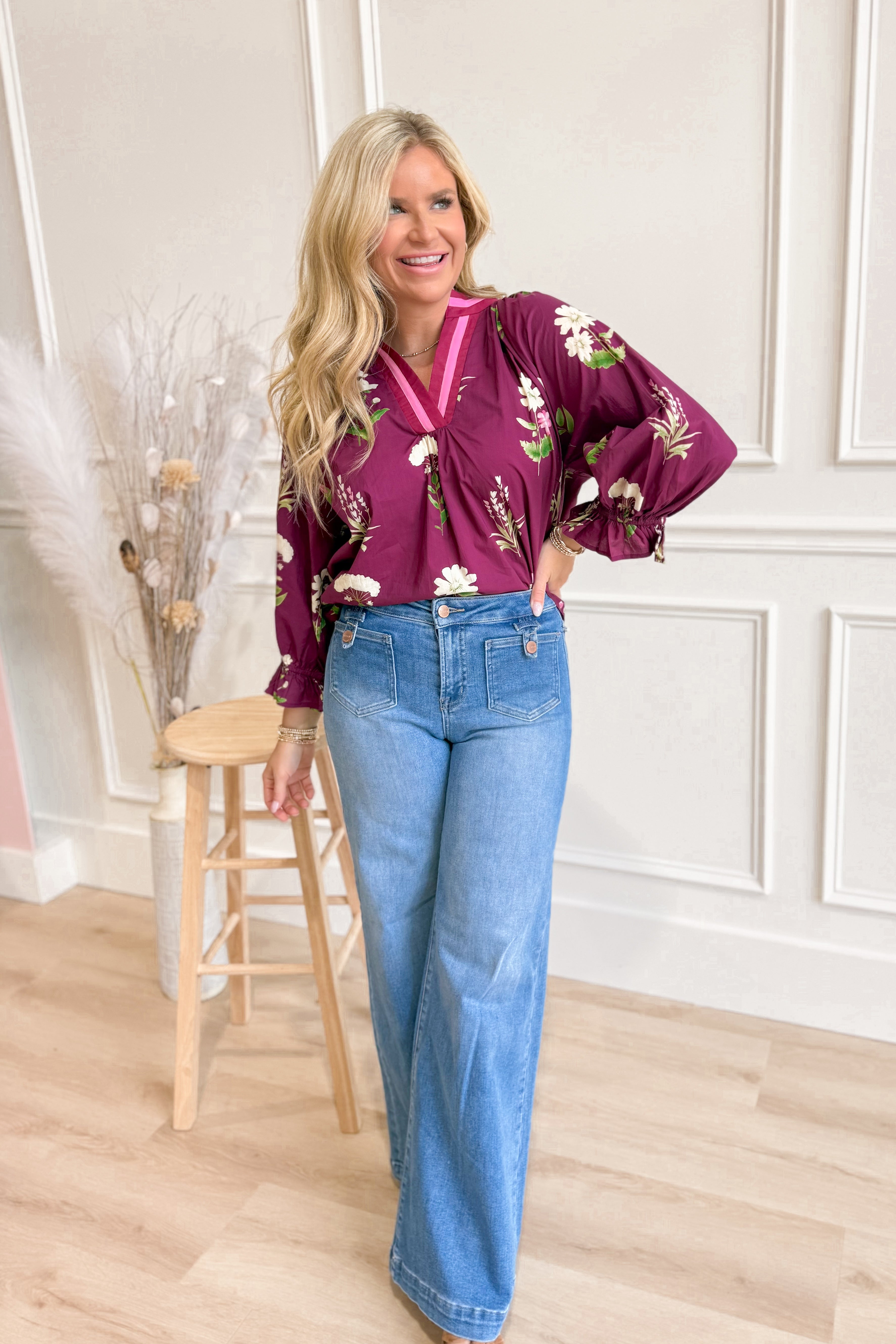 Hannah Floral Print Contrast Trim Blouse - Be You Boutique