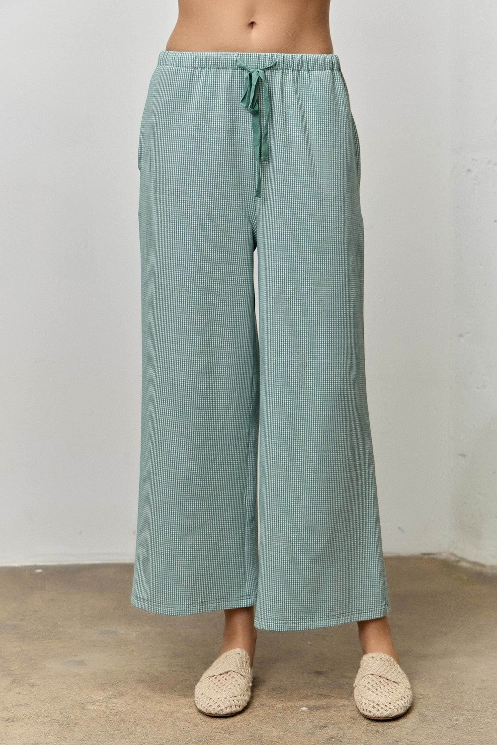 Roland Seafoam Gingham Drawstring Wide Leg Pant by BAEVELY, featuring a seafoam green and white gingham pattern with a relaxed fit.