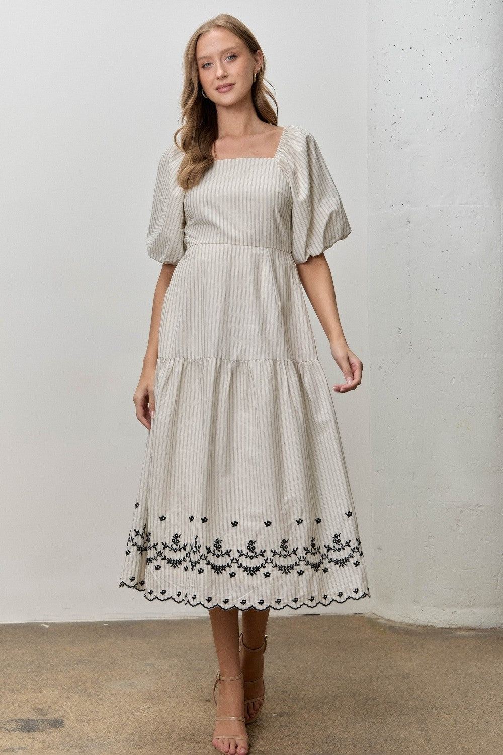 Baevely Jada embroidered striped midi dress with intricate embroidery and colorful stripes, perfect for dressy occasions.