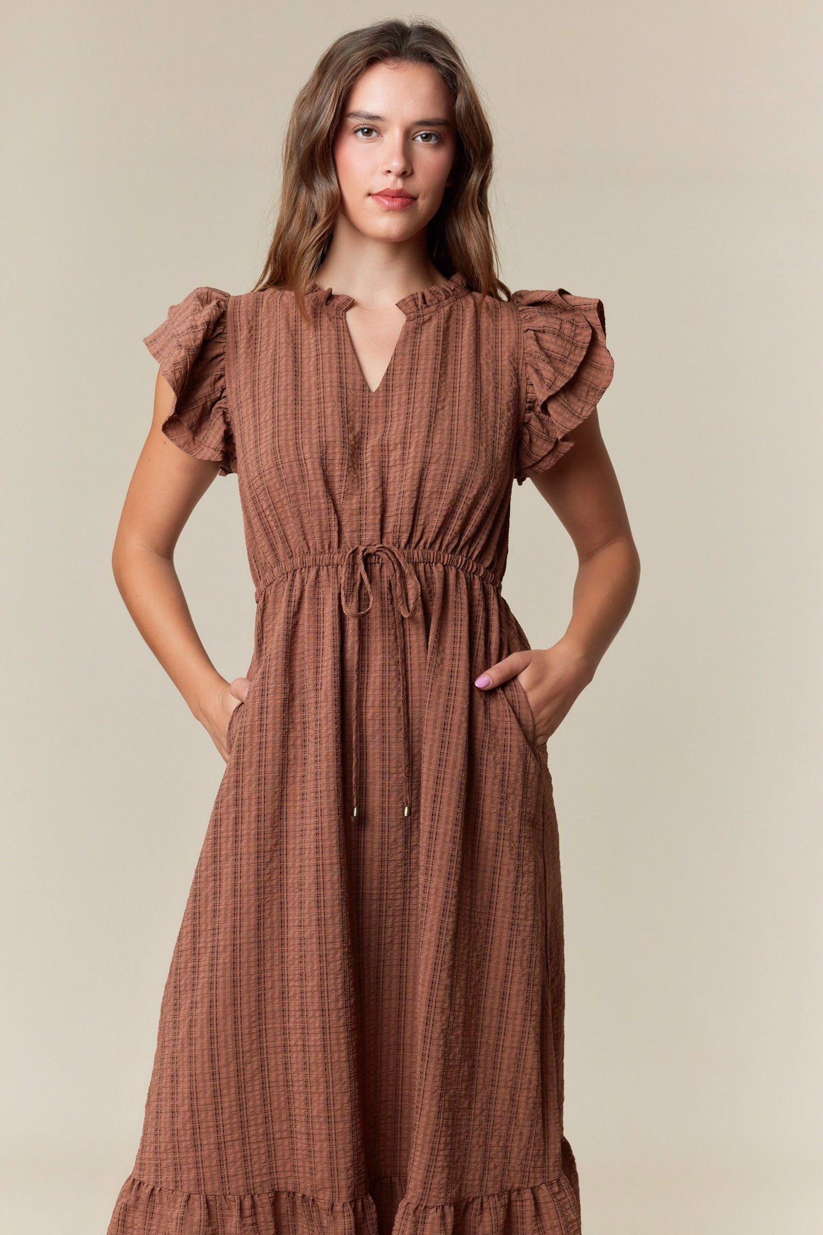 Morgan Plaid V Neck Double Ruffle Dress - Be You Boutique