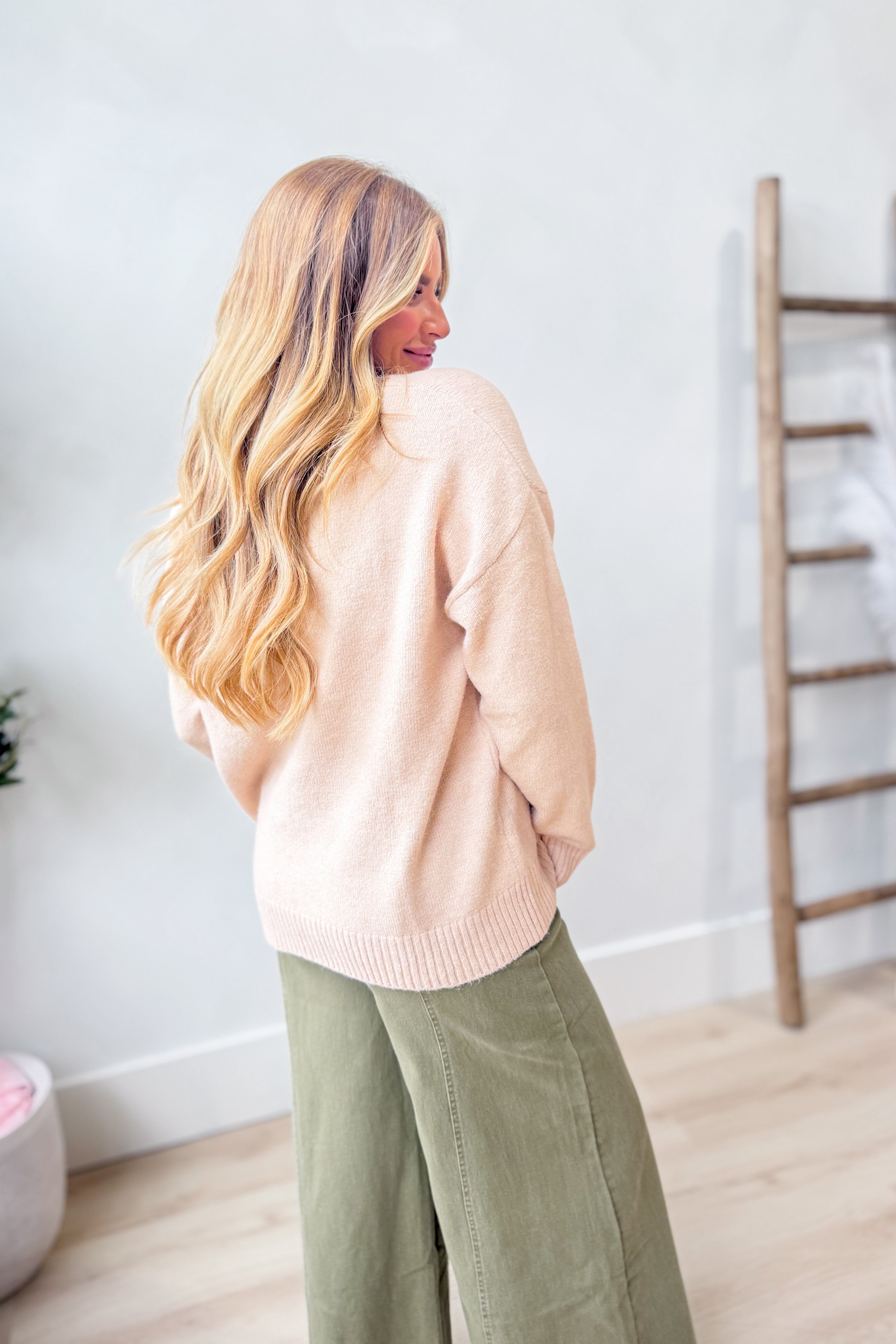 Wishlist Noelle Milk Tea Classic V Neck Sweater from the 132 Fall Sweaters collection, featuring a cozy milk tea-colored knit with a V neckline.