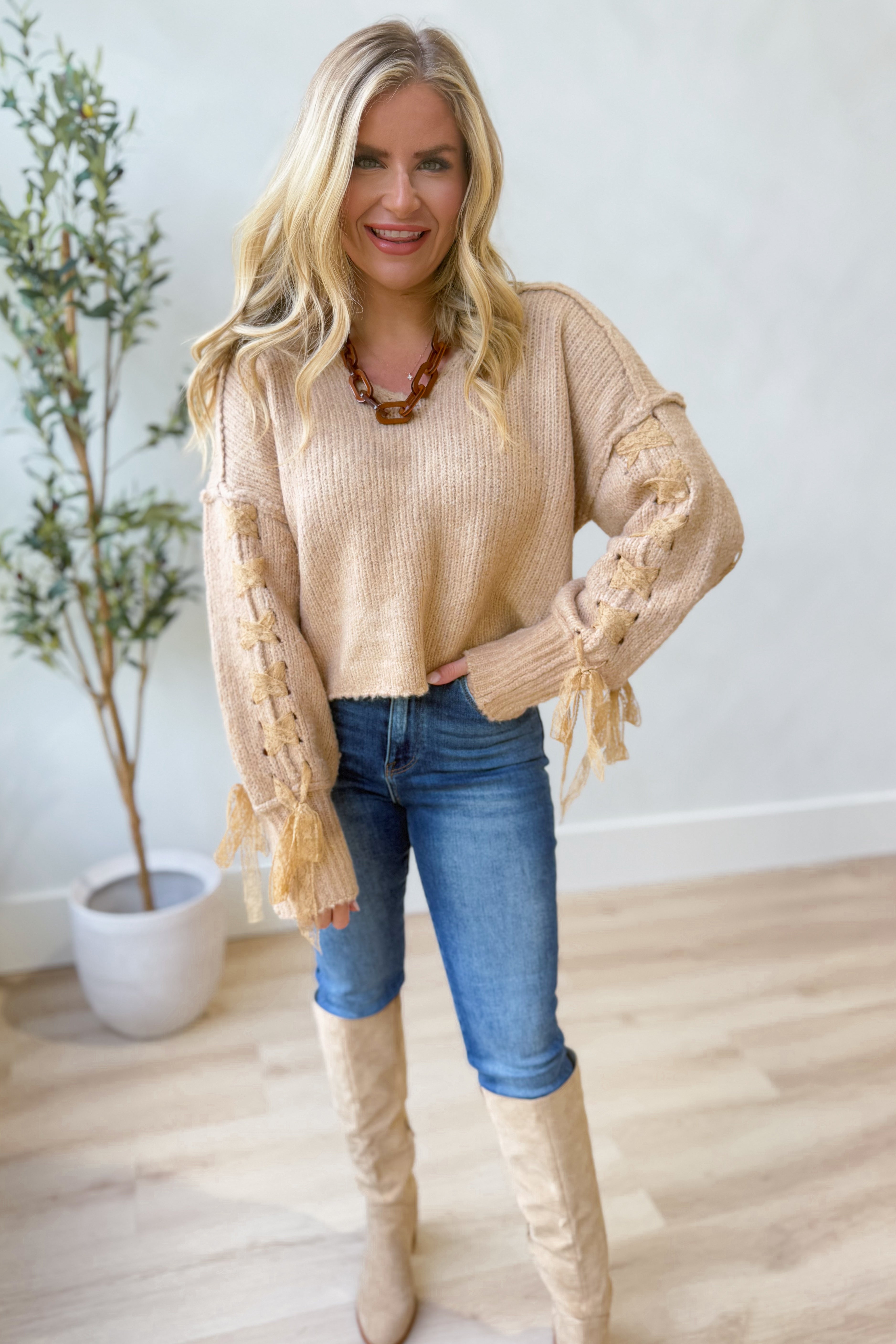 Karen Lace Up Cropped Knitted Sweater - Be You Boutique