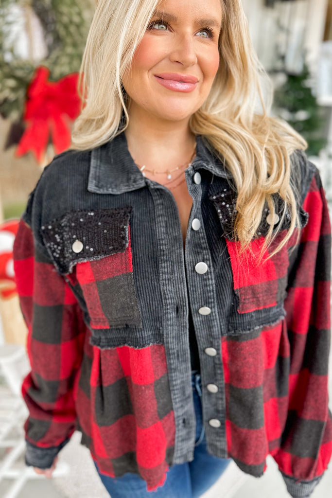 Layla Buffalo Plaid Corduroy Sequin Acid Wash Shacket Jacket - Be You Boutique