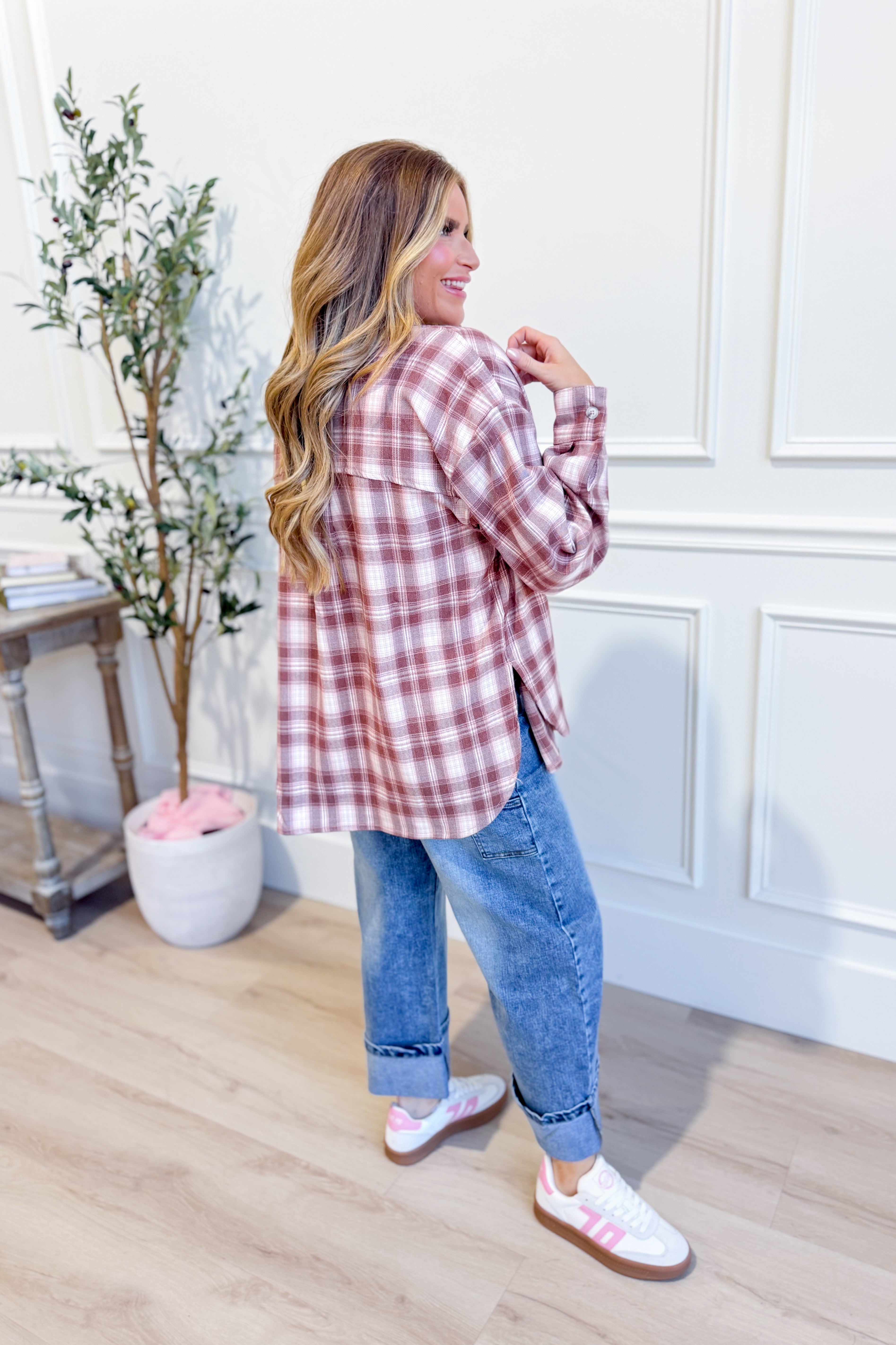 Wishlist Kyle pink oversized flannel top, 105 casual tops, featuring a soft, relaxed fit with a stylish pink plaid pattern.