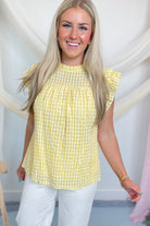 Ashley Checkered Ruffle Neck Top - Lemon - Be You Boutique