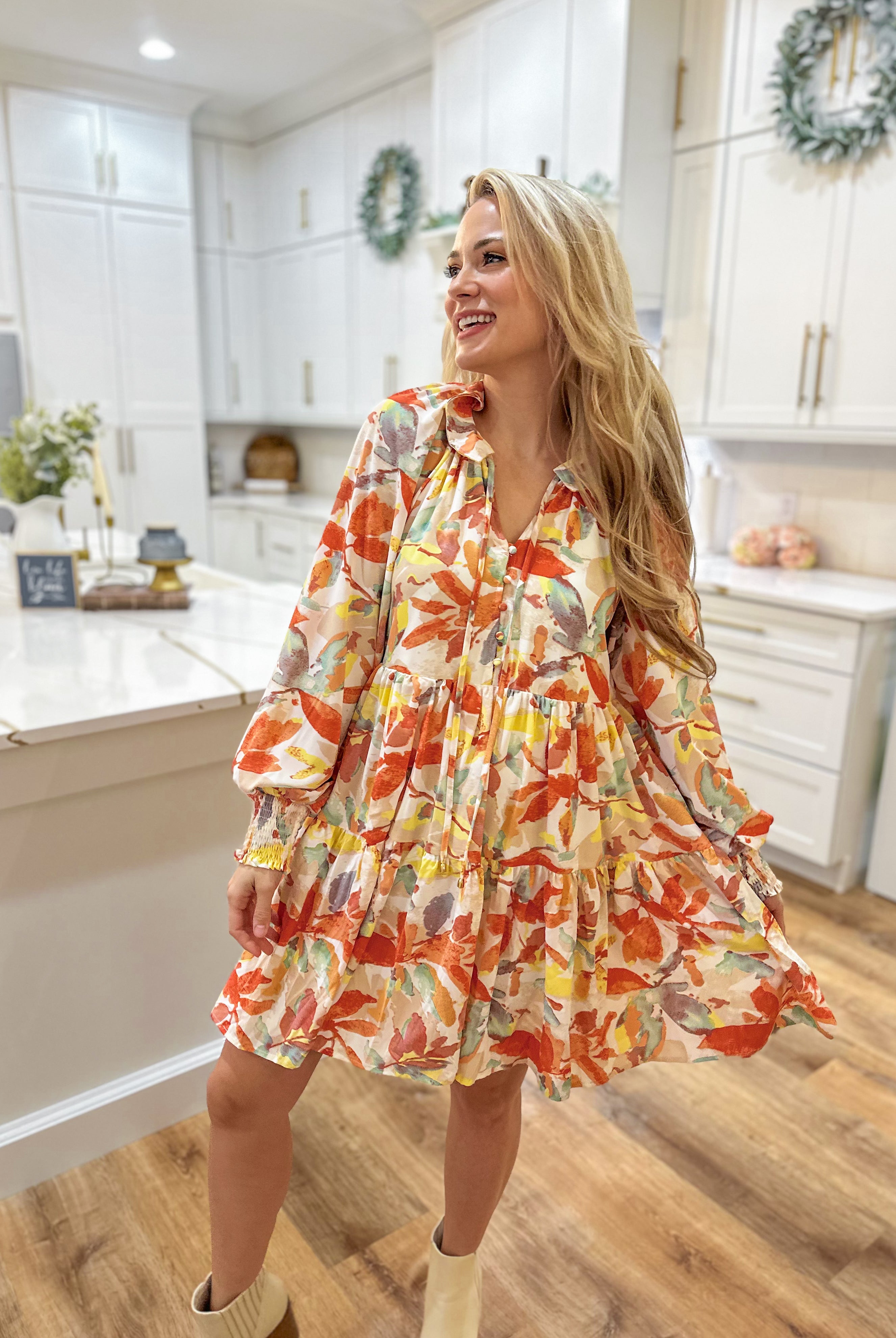 Lucia Printed Long Sleeve Tiered Collared Dress - Be You Boutique
