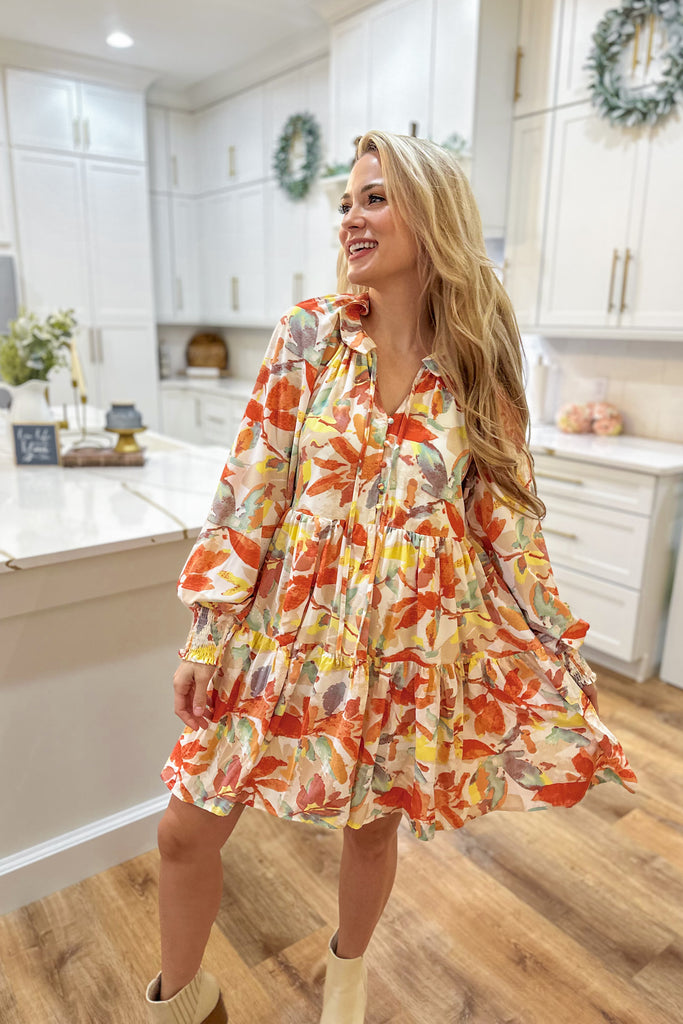 Lucia Printed Long Sleeve Tiered Collared Dress - Be You Boutique