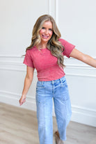 Olivia Cherry Mineral Washed Short Sleeve Top by VERY J, casual 105 tops, showing the soft, mineral-washed fabric and relaxed fit.