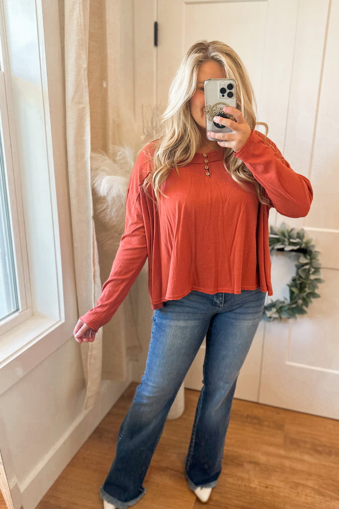 Rusty Loose Fit Henley Long Sleeve Top - Be You Boutique