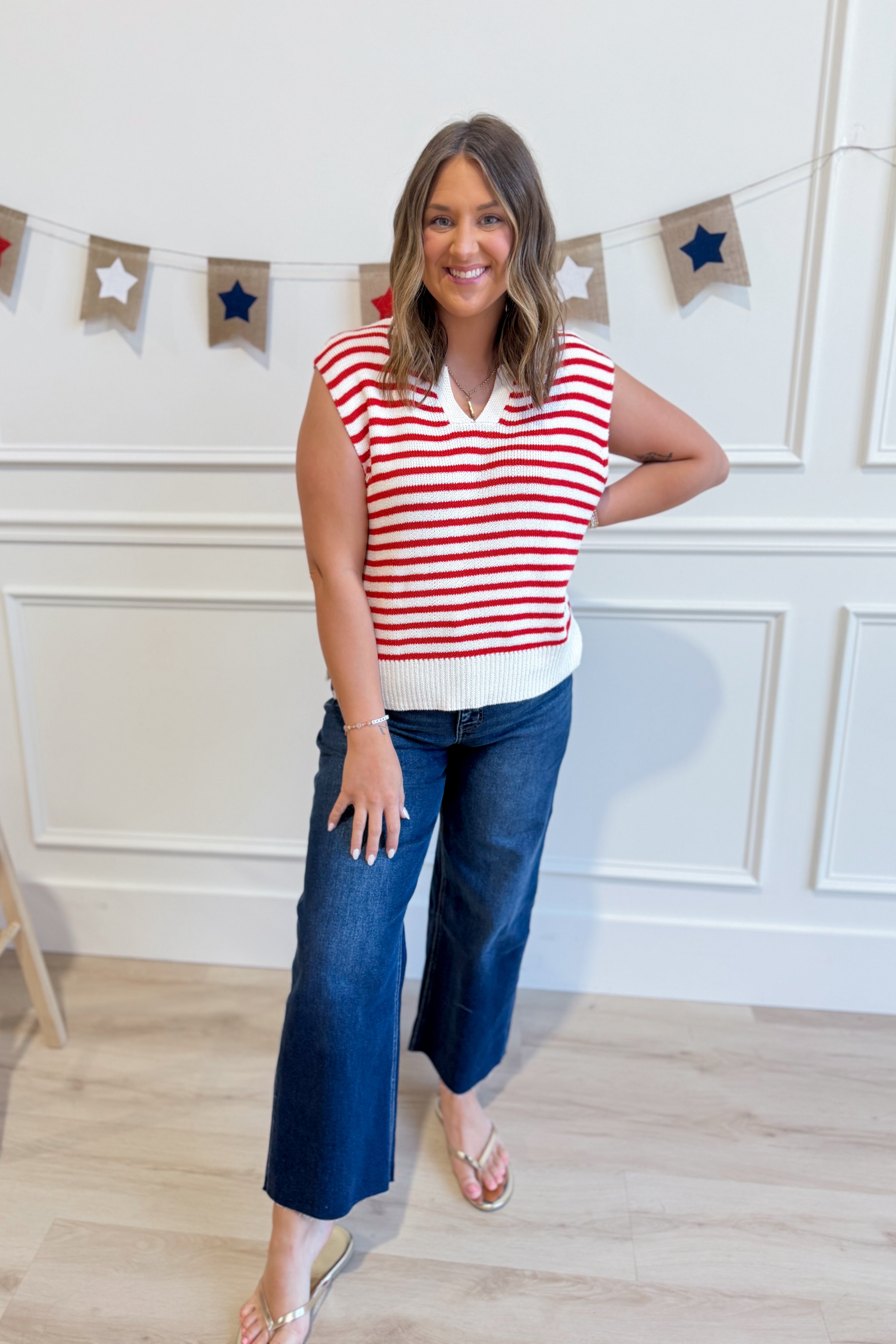 Red striped Nikki split neck top by STACCATO from 131 Spring Sweaters collection, featuring a stylish split neckline and vibrant pattern.