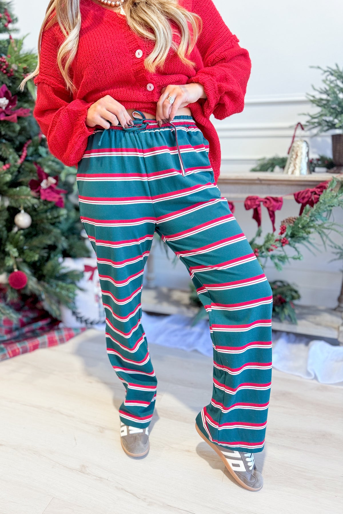 TWENTIFOURTH Cory Multi Stripe Knit Pant, 156 pants with colorful striped pattern and relaxed fit, shown on a model.