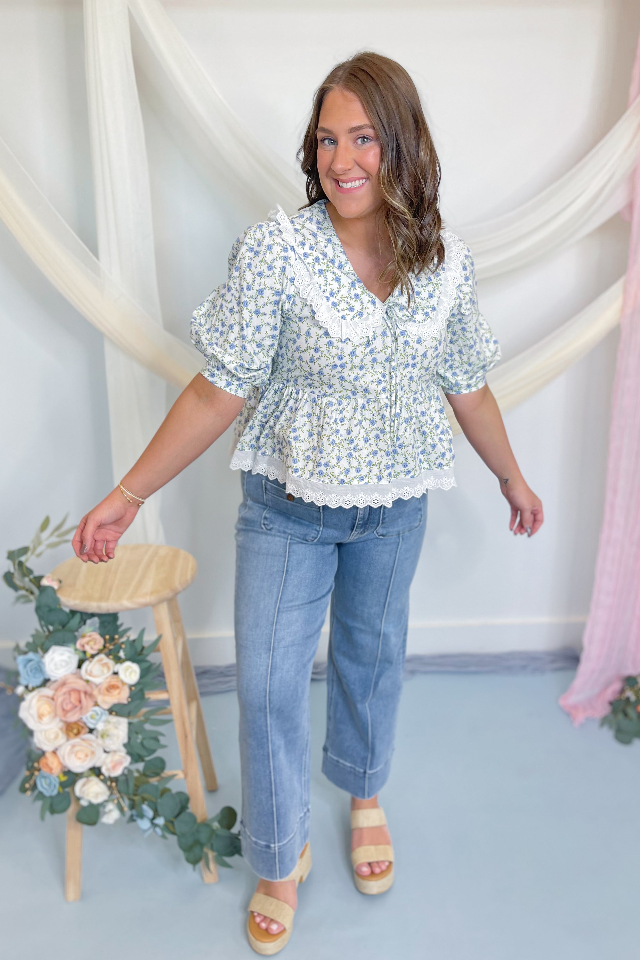 Cayden Lace Trim Collared Floral Top - Be You Boutique
