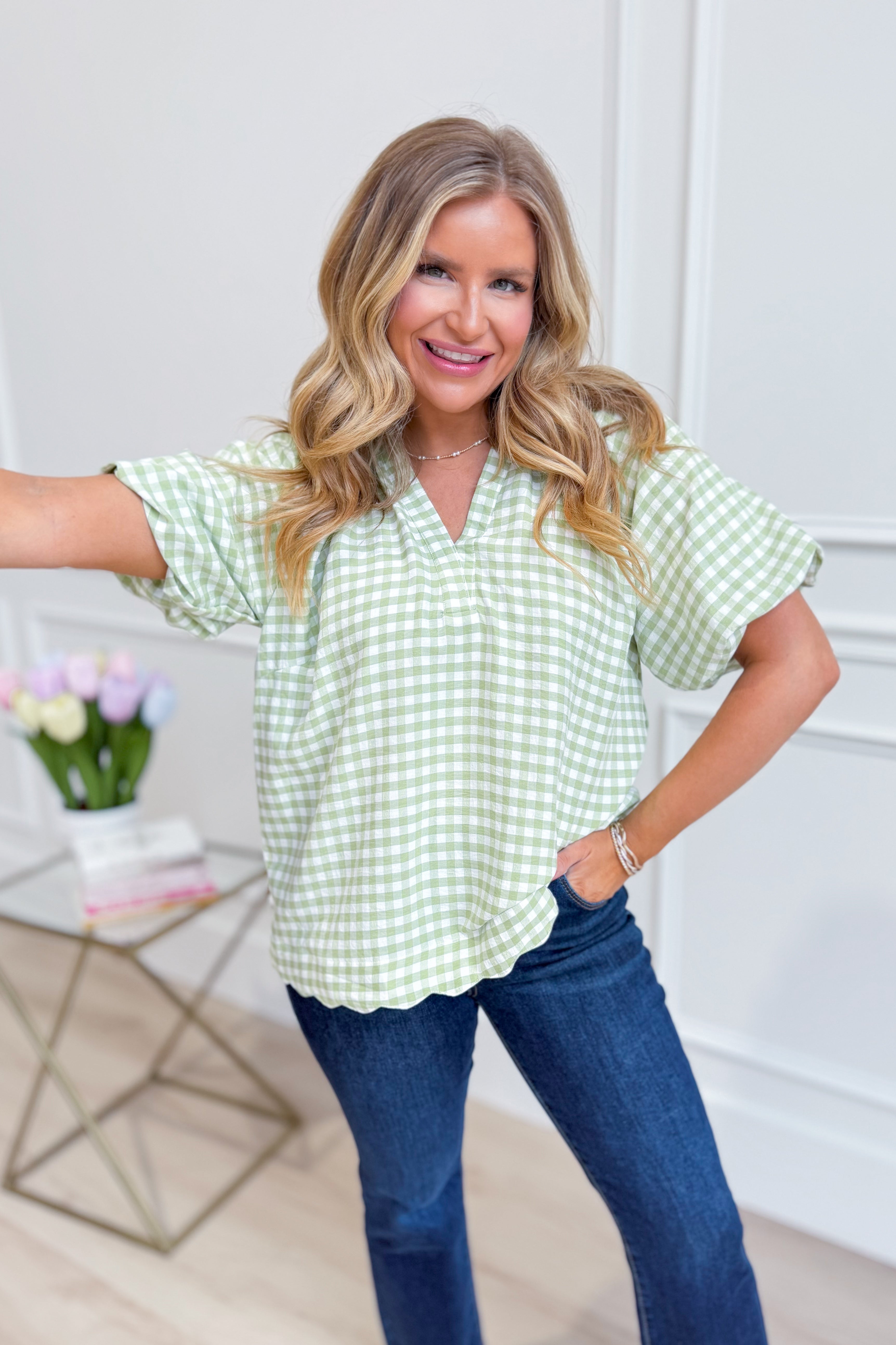 UMGEE USA Rowan Sage plaid printed puff sleeve top, stylish dressy blouse with a feminine silhouette and plaid pattern.